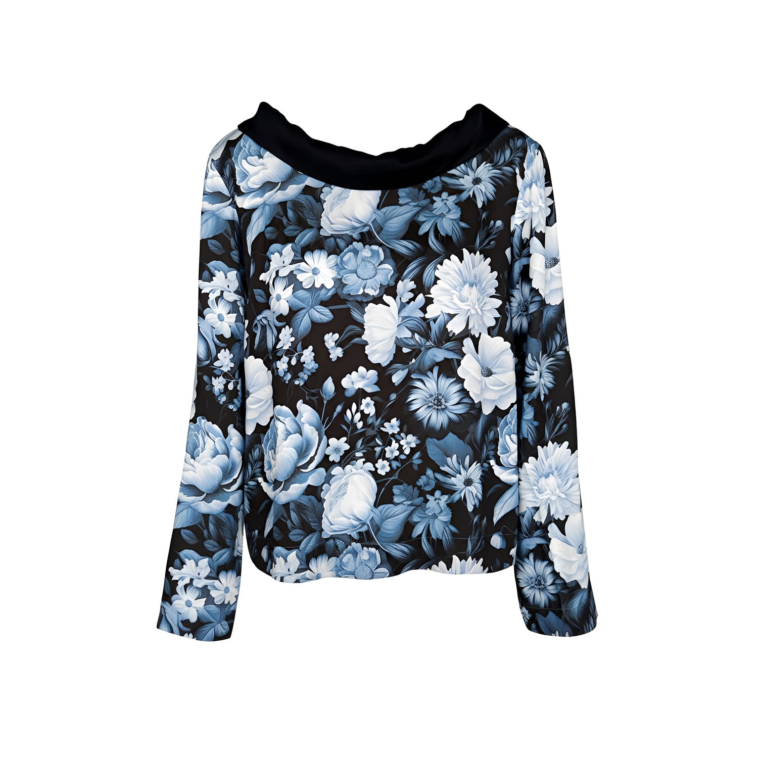 Haris Cotton Women's Printed Satin Blouse With Black Reversed Collar Grey Garden In Multi