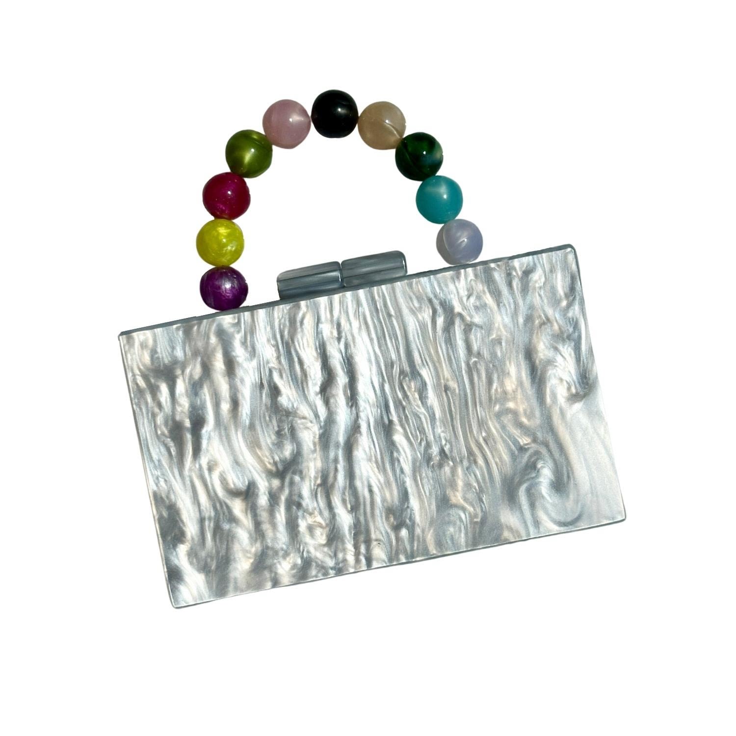 Closet Rehab Women's Grey Acrylic Party Box Purse In Pearly Gray With Multicolor Beaded Handle
