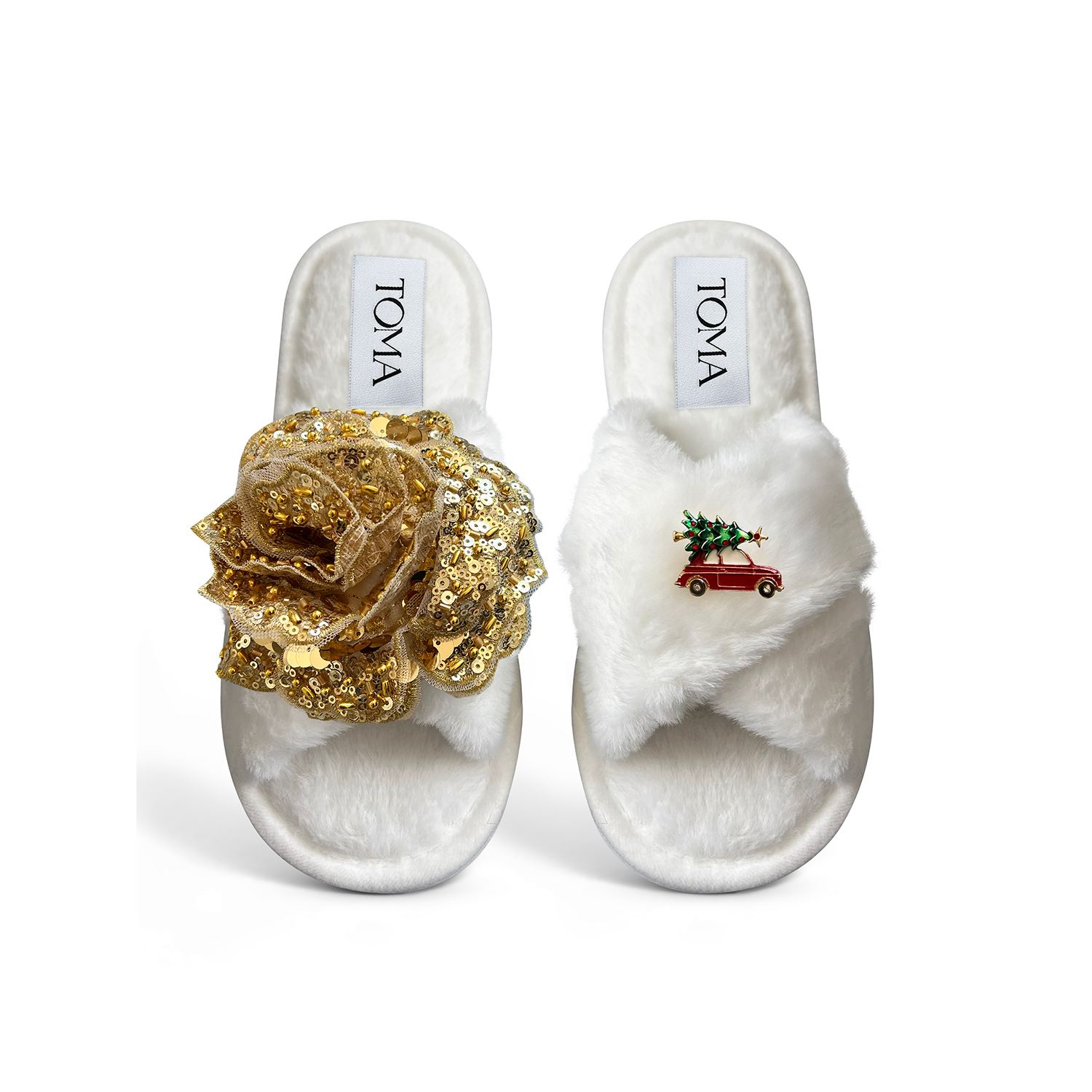 Toma Women's White Classic  Faux Fur Open Toe Gold Sequin And Christmas Car Slippers In Animal Print
