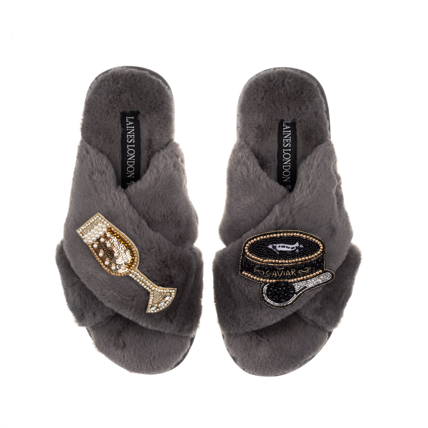 Laines London Women's Classic Laines Slippers With Caviar & Glass Of Champers Brooches - Grey In Grey