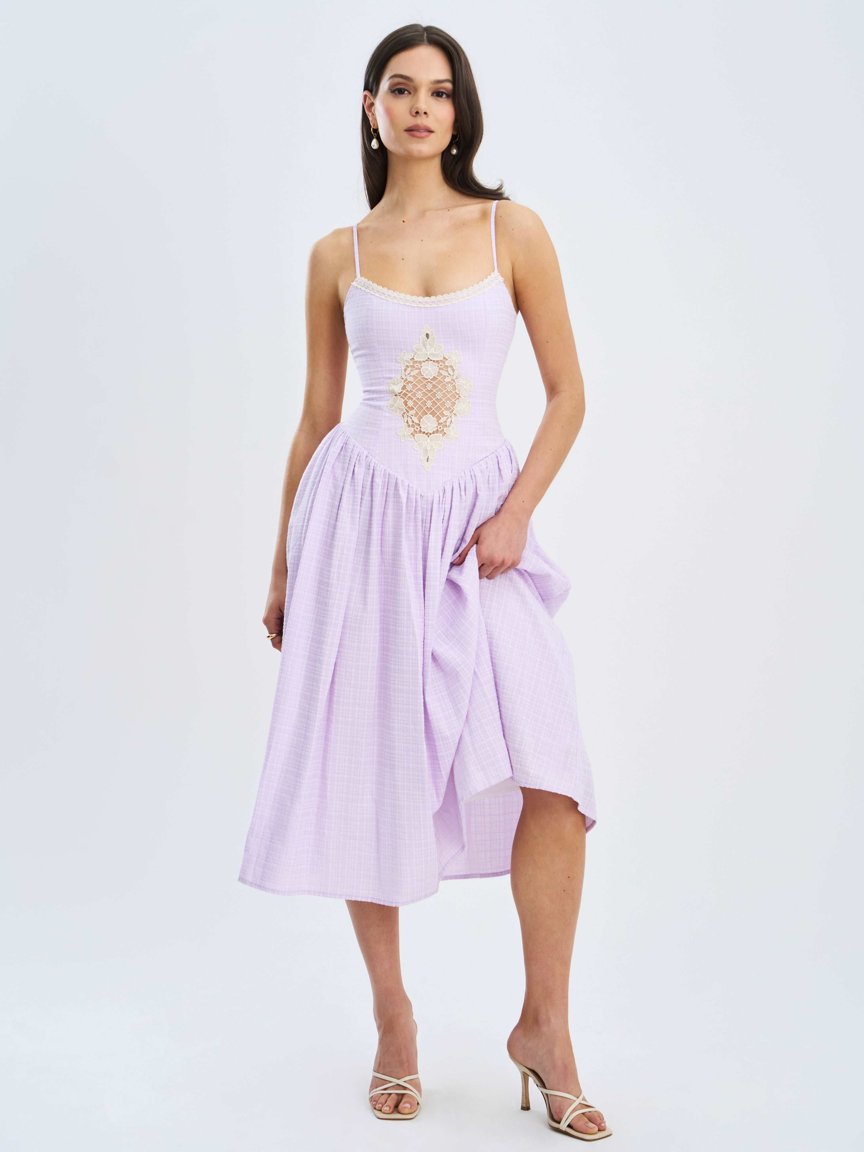 Jaclyn Lavender Lace Trim Cutout Seersucker Midi Dress | Miss