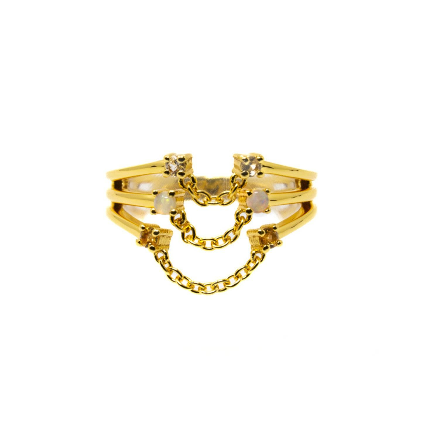 Nasi Silver Women's Yellow Farzana Triple Chain Ring- White Topaz- Opal- Citrine- Gold In Gold
