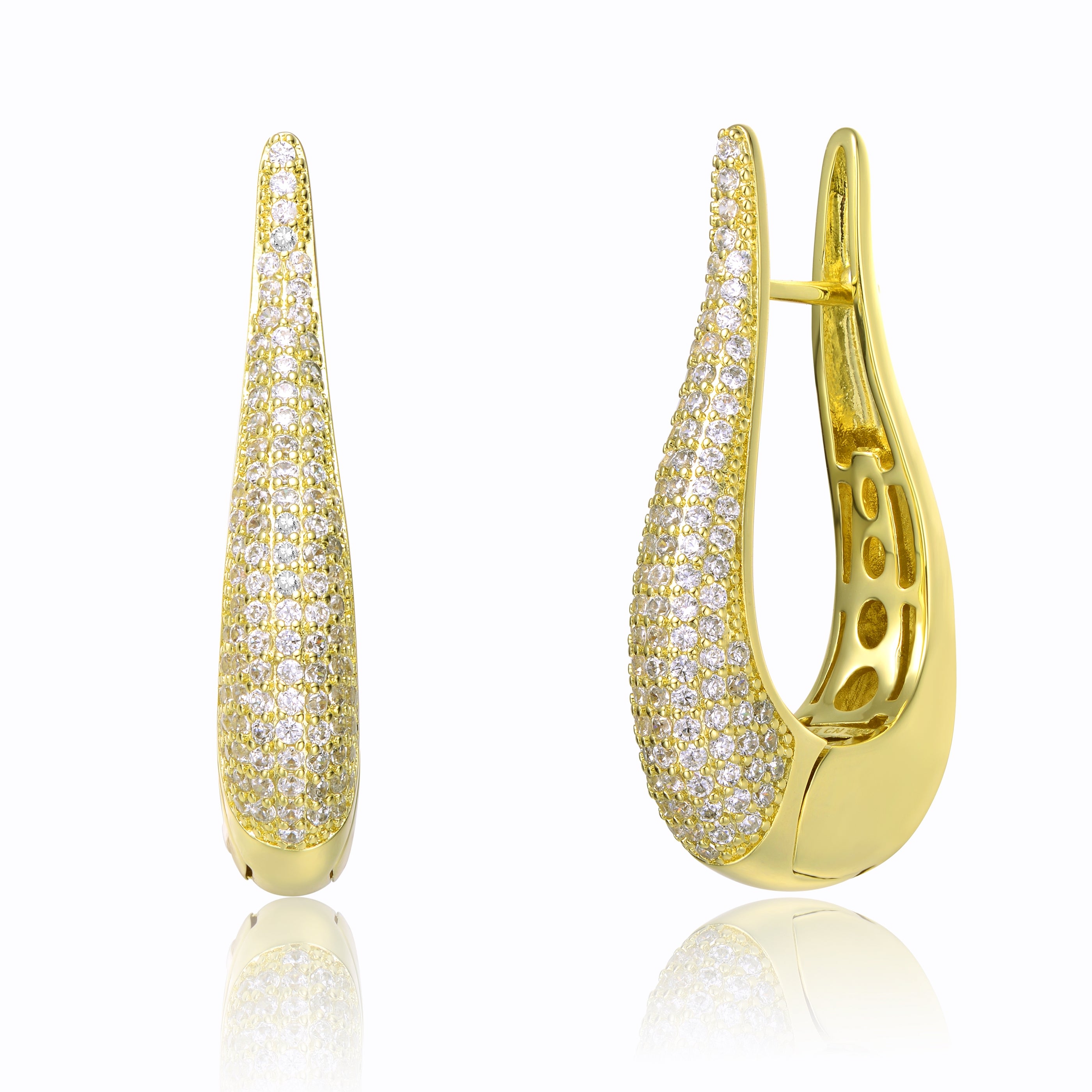 Genevive Jewelry Women's Gold / White Yellow Gold Plated With Clear Cubic Zirconia Oblong Oval Raindrop Hoop Earrings In Multi