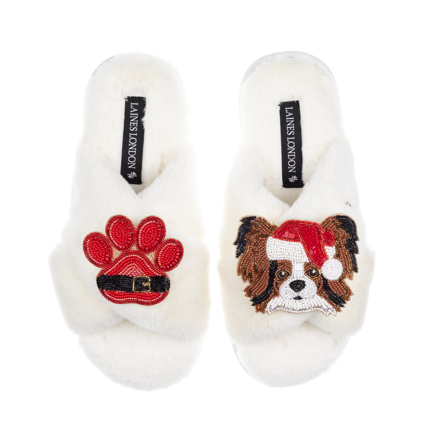 Laines London Women's Neutrals / White Classic Slippers With Christmas Papillon & Paw Brooches - Cream In White
