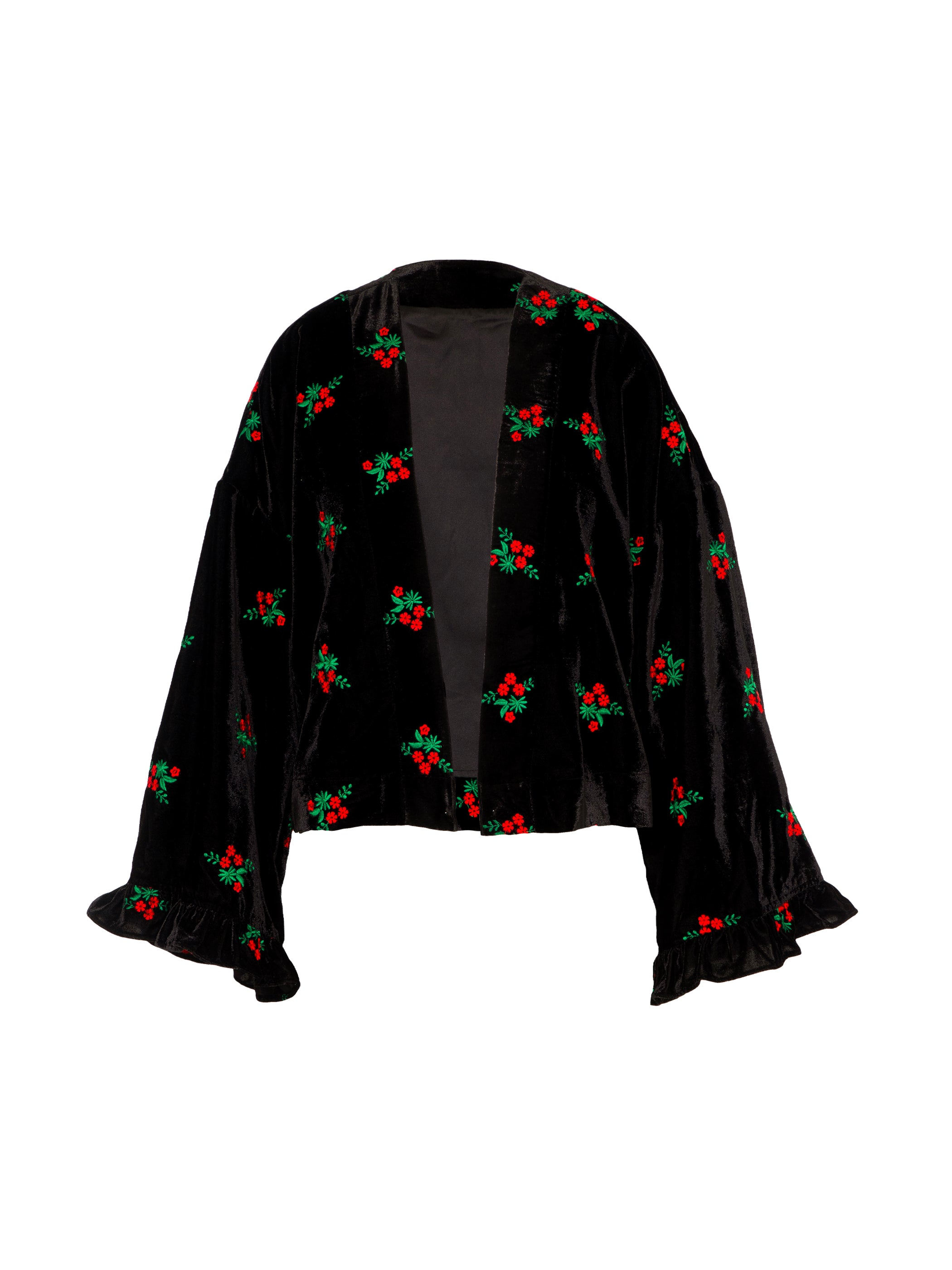 Rose & Nancy Women's Green / Black / Red Jolie Black Red Embroidered Velvet Kimono In Multi