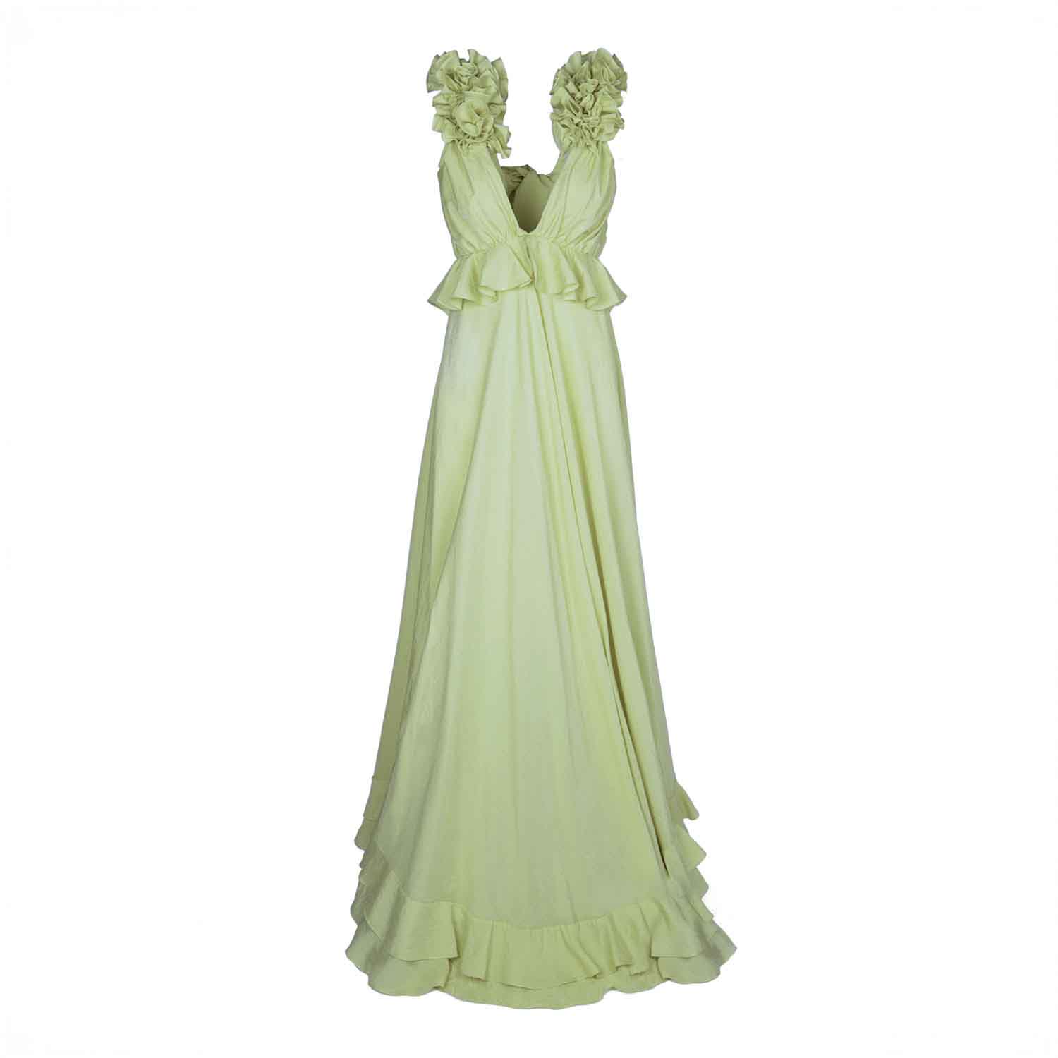 Monarh Women's Green Deep V Maxi Dress With Ruffle Shoulders In Green