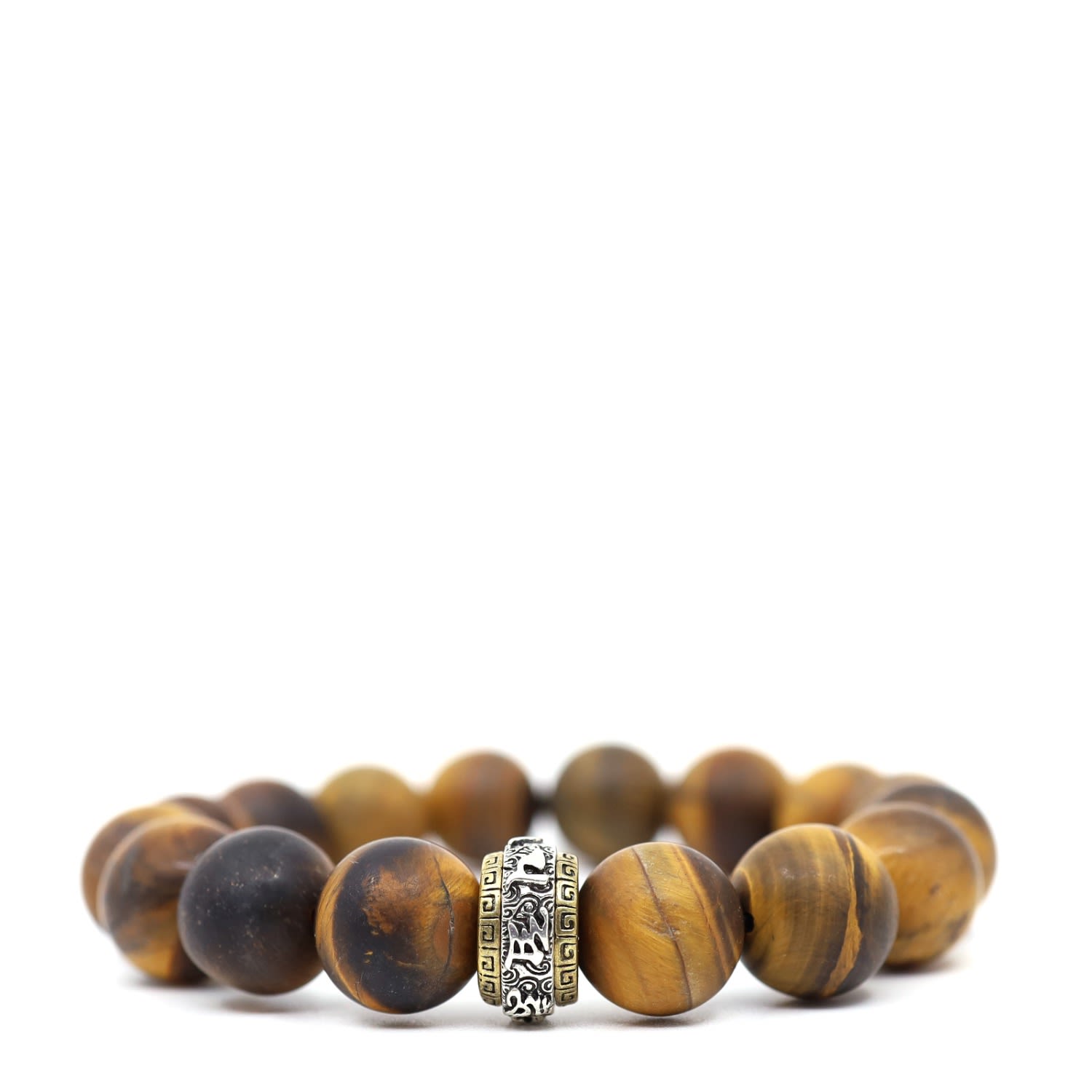 Shar Oke Men's Brown / Gold Matte Tiger's Eye & Stainless Steel Om Mani Padme Hum Beaded Bracelet