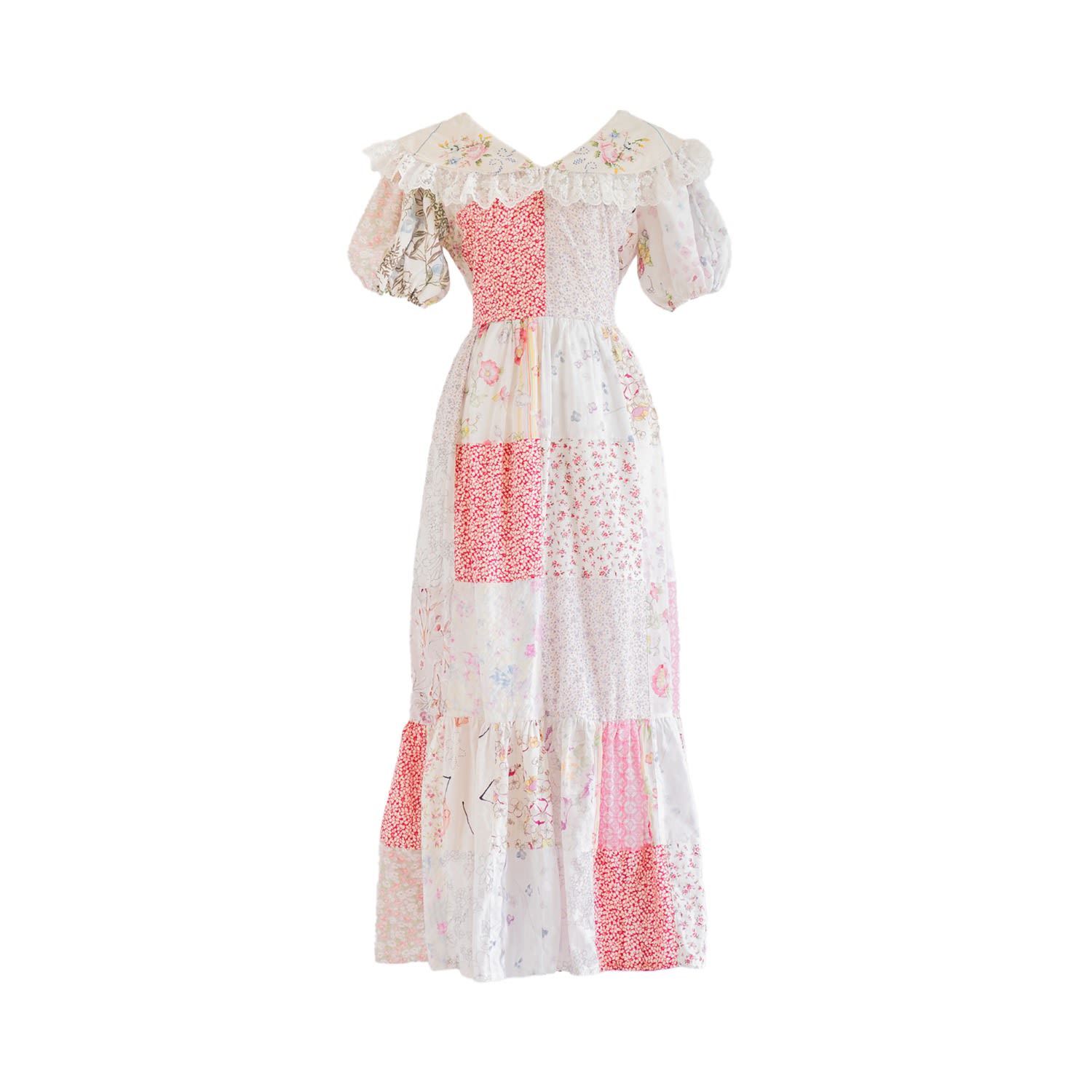 Sugar Cream Vintage Women's Re-design Upcycled Flap Collared Pink & White Maxi Dress In Pink/white