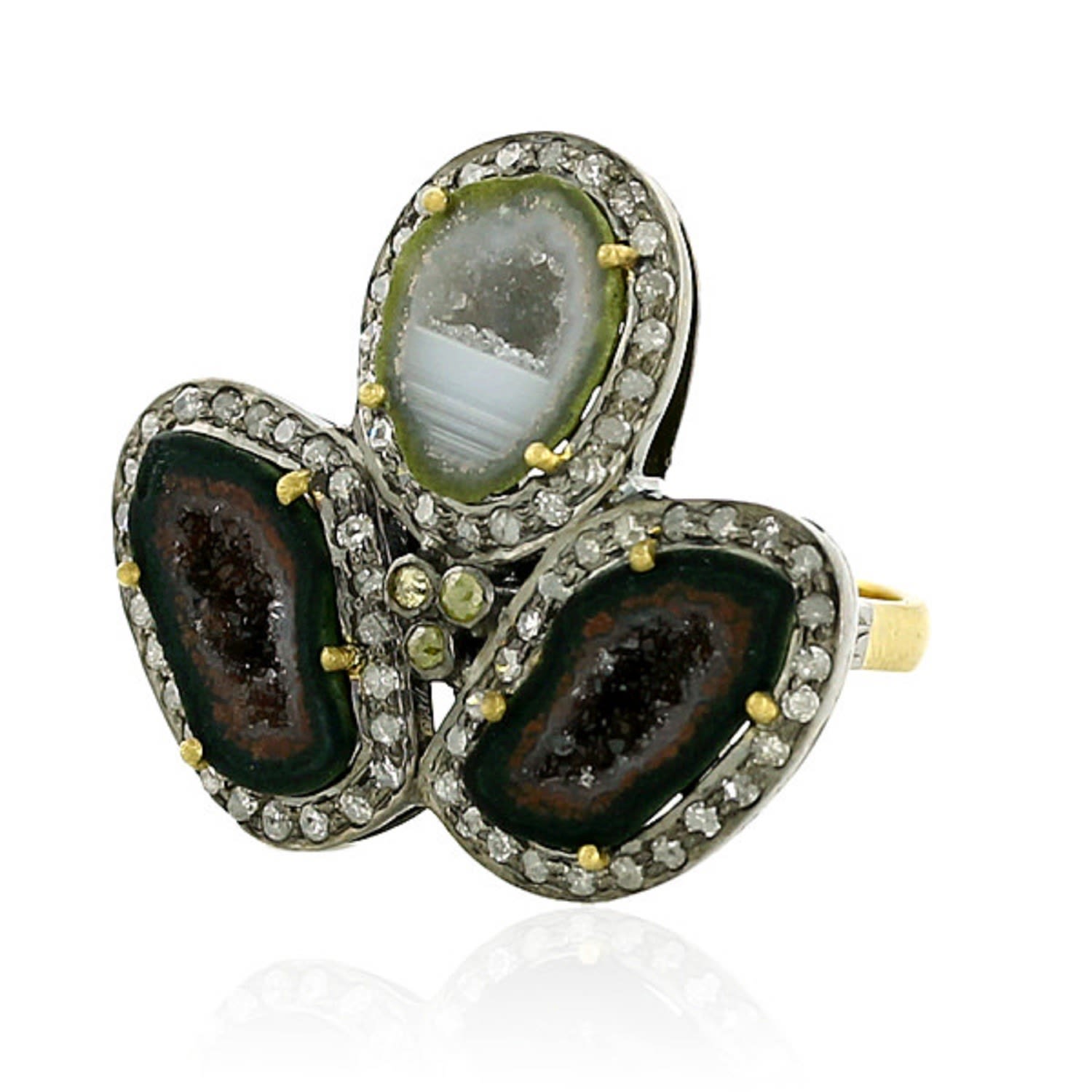 Women’s Brown / Gold Oval Cut Geode Gemstone & Pave Diamond Cocktail Ring In 18K Gold 925 Silver Artisan