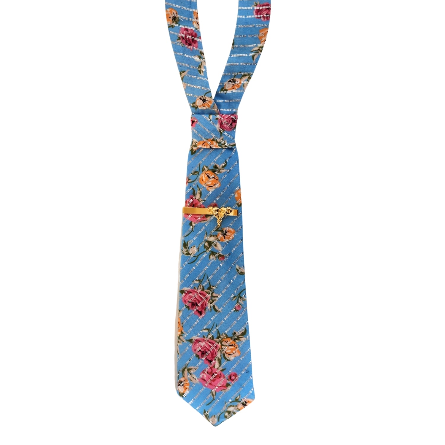Nandanie Women's Blue Floral Printed Lurex Petite Necktie + Tie Bar