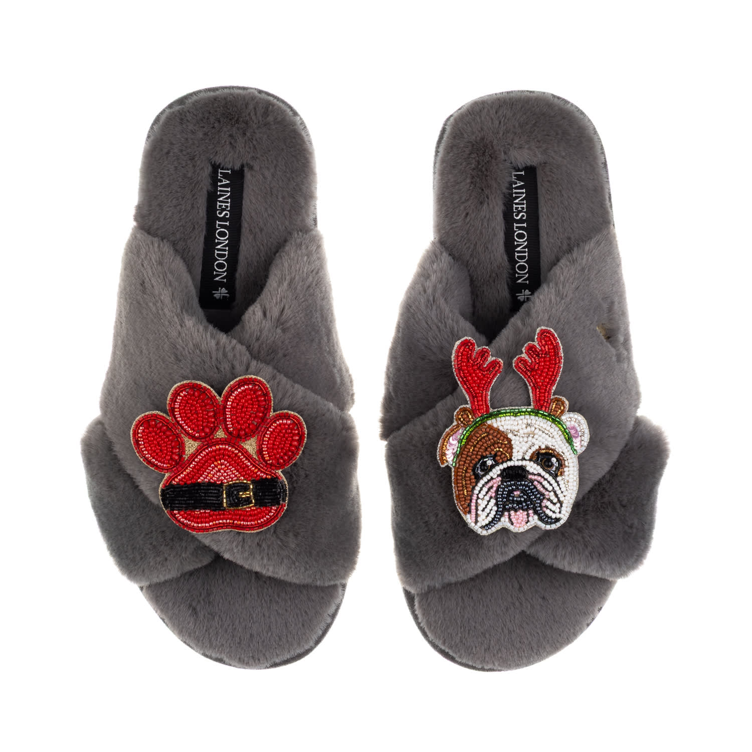 Laines London Women's Classic Slippers With Christmas British Bulldog & Paw Brooches - Grey In Gray
