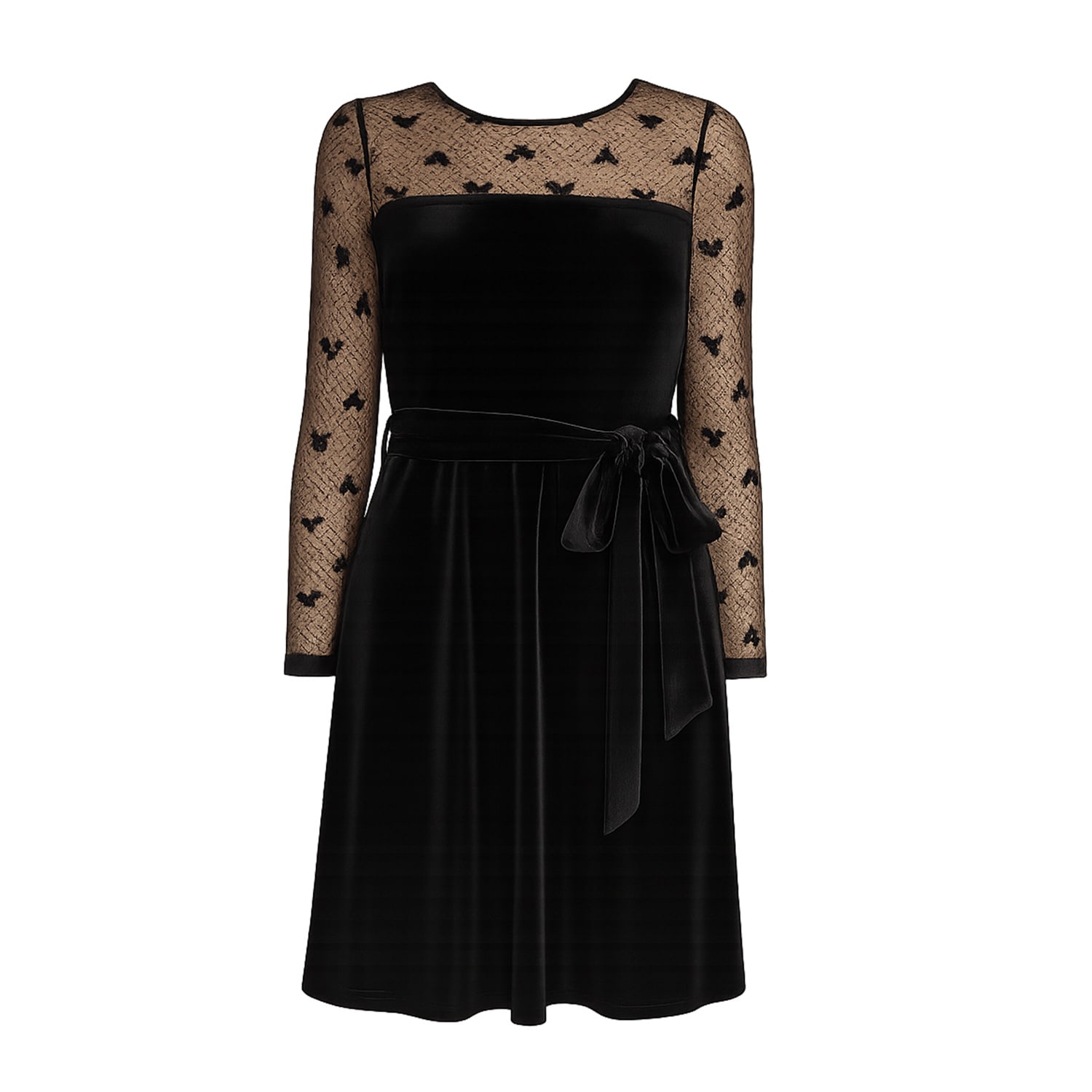 Yumi Women's  Black Velvet Skater Dress With Mesh Bow Sleeves In Black