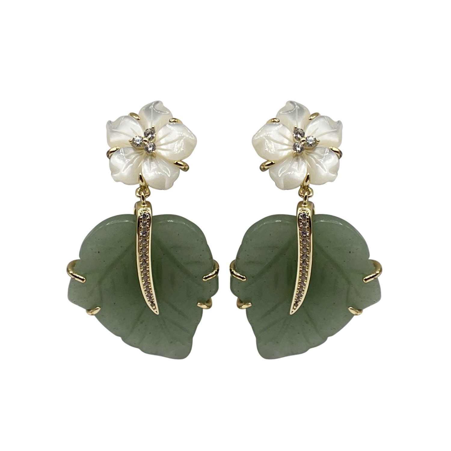 Women’s Green Mother Of Pearl Flower Sterling Silver Vermeil Earrings With Jade Leaf Drop Michael Nash Jewelry