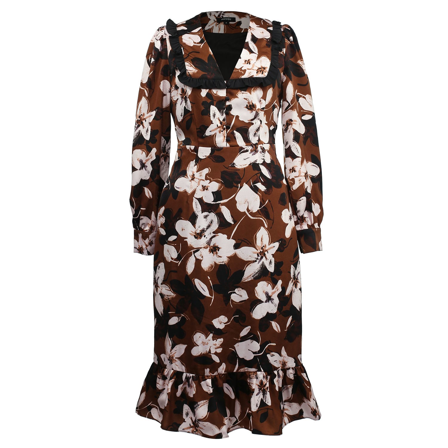Smart And Joy Women's Brown Ruffle Collar Macro Flower Print Dress - Coffee In Brown