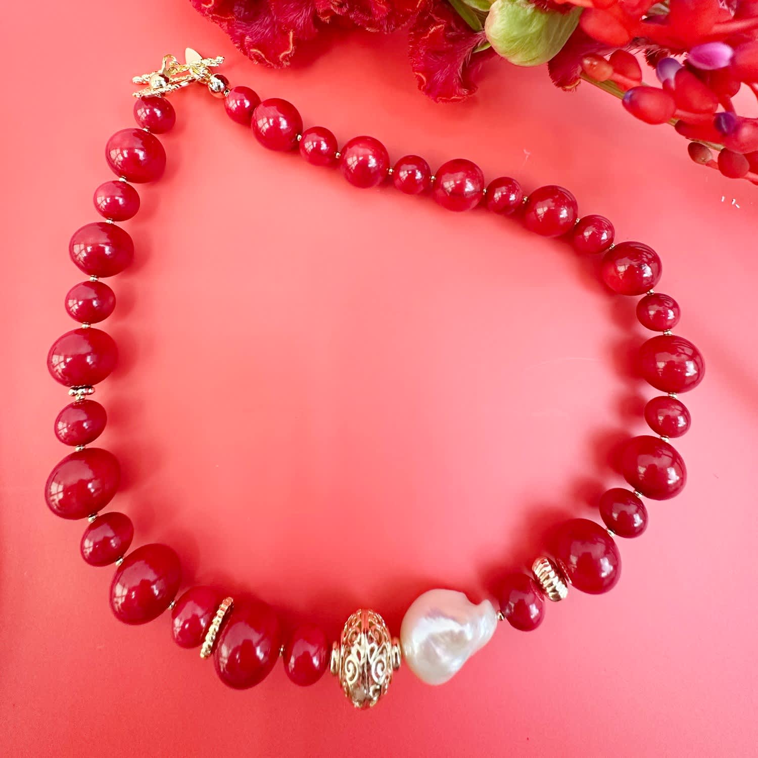 Red Coral With Baroque Pearl Statement Necklace by Farra