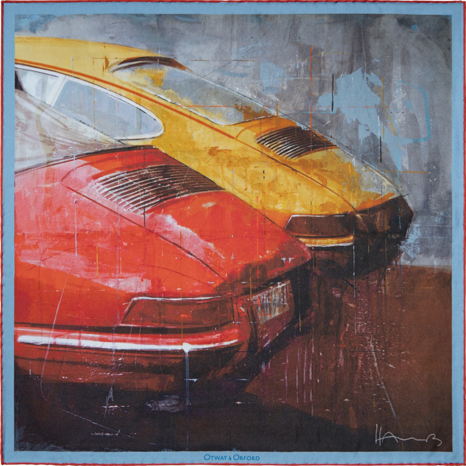 Men’s Yellow / Orange / Red ’Racing Legends’ Sports Cars Silk Pocket Square. Medium-Size. Otway & Orford