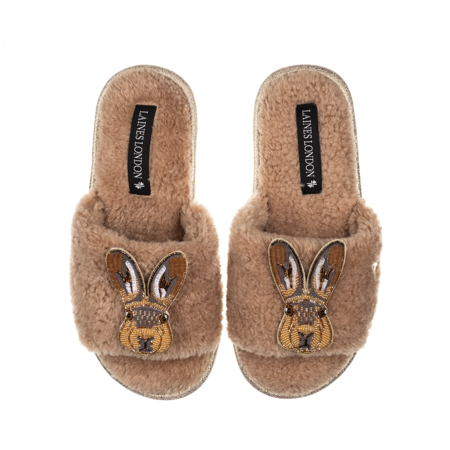 Laines London Women's Brown Teddy Toweling Slipper Sliders With Double Hare Brooches - Toffee In Brown