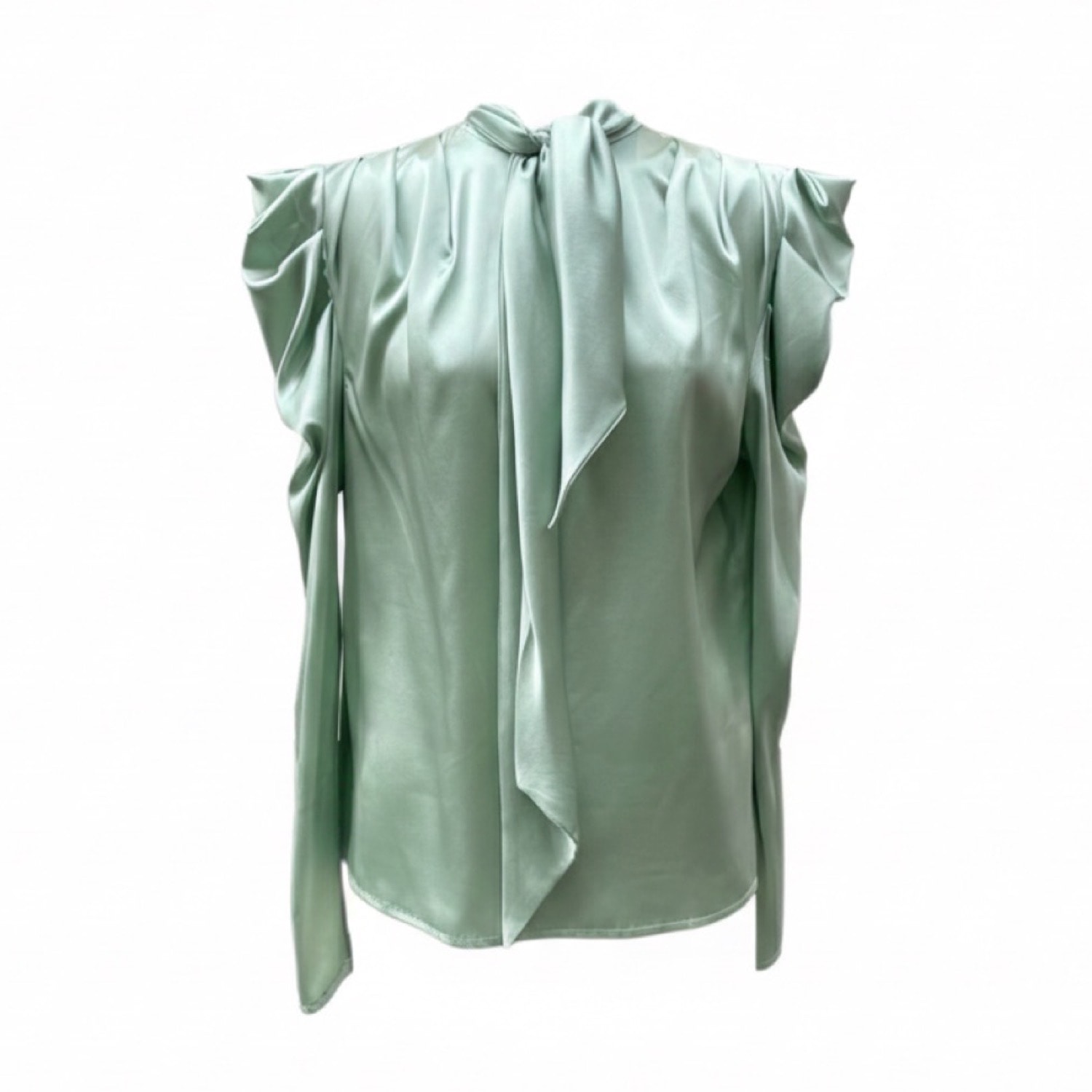 Imaatu Women's Water Mint Green Silk Tie-neck Blouse With Long Sleeves