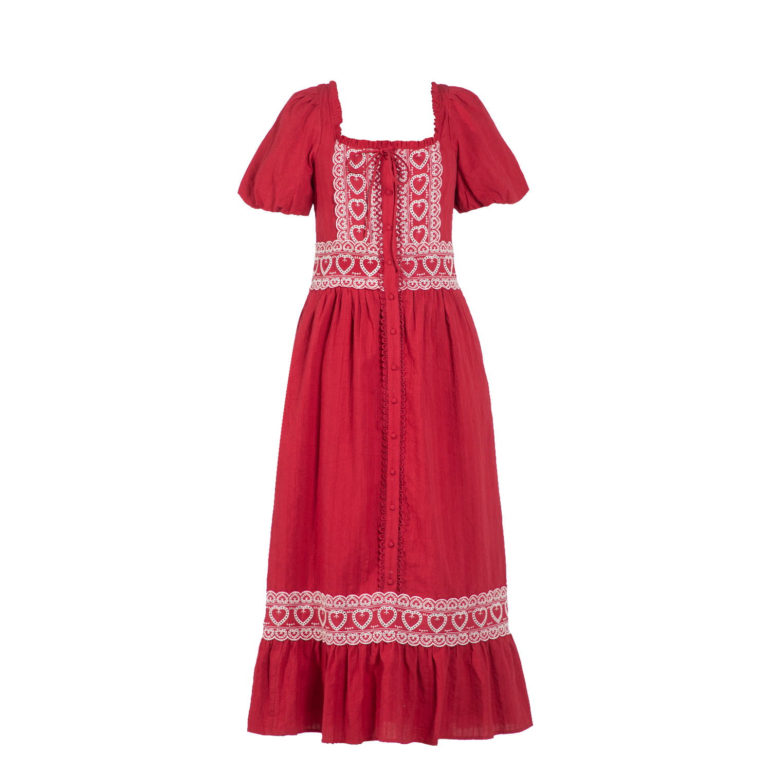 Rose & Nancy Women's Harri Red And White Cotton Heart Embroidery Short Sleeve Maxi Dress