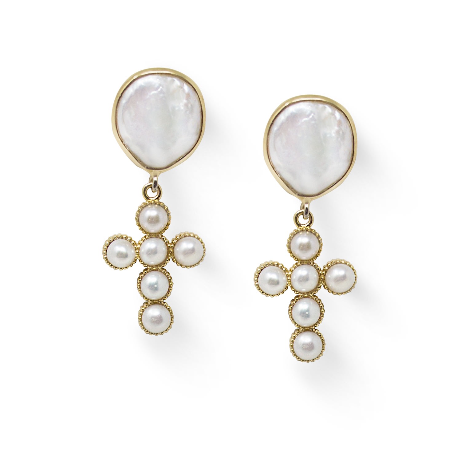 Vintouch Italy Women's White / Gold Hope Gold-plated Pearl Cross Earrings In Multi