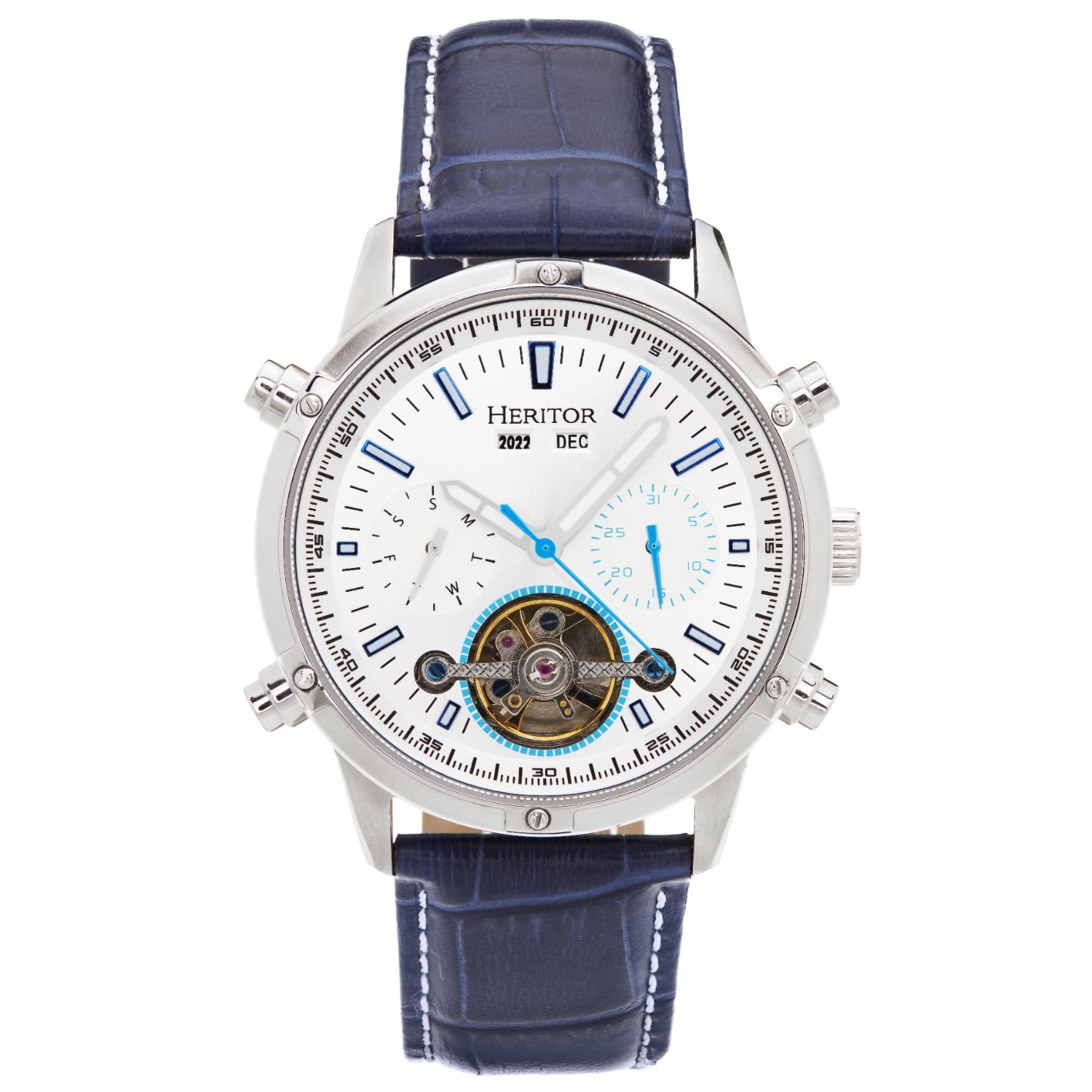 Heritor Automatic Men's Silver / Blue Wilhelm Semi-skeleton Leather-band Watch With Day And Date - Blue, Silver In Silver/blue