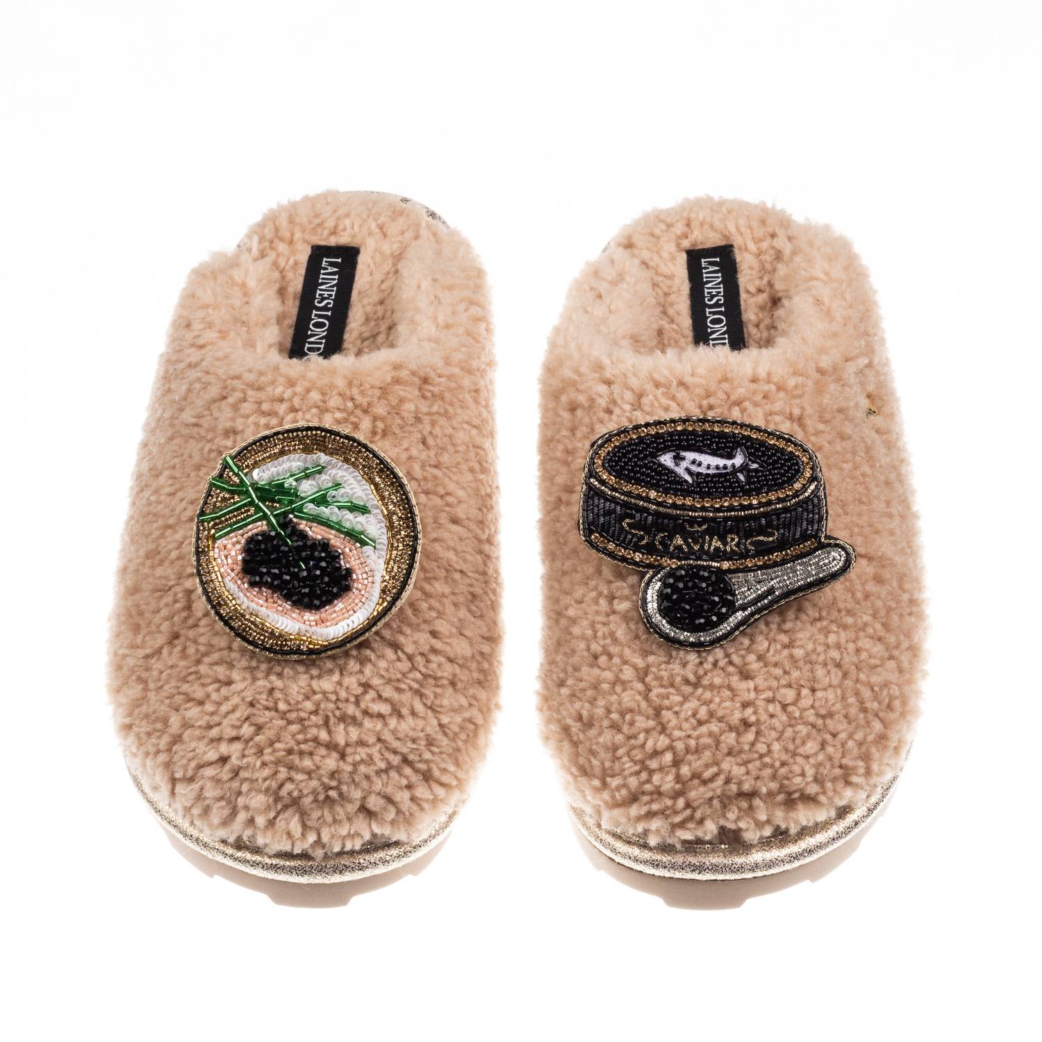 Laines London Women's Brown / Neutrals Teddy Closed Toe Slippers With Caviar & Blini Brooches - Toffee In Brown