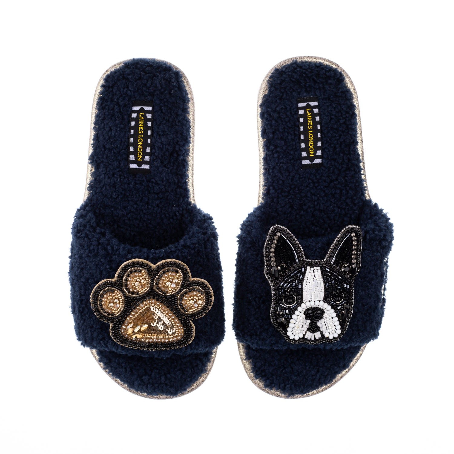 Women’s Blue Teddy Towelling Slipper Sliders With Buddy Boston Terrier & Paw Brooches - Navy Medium Laines London