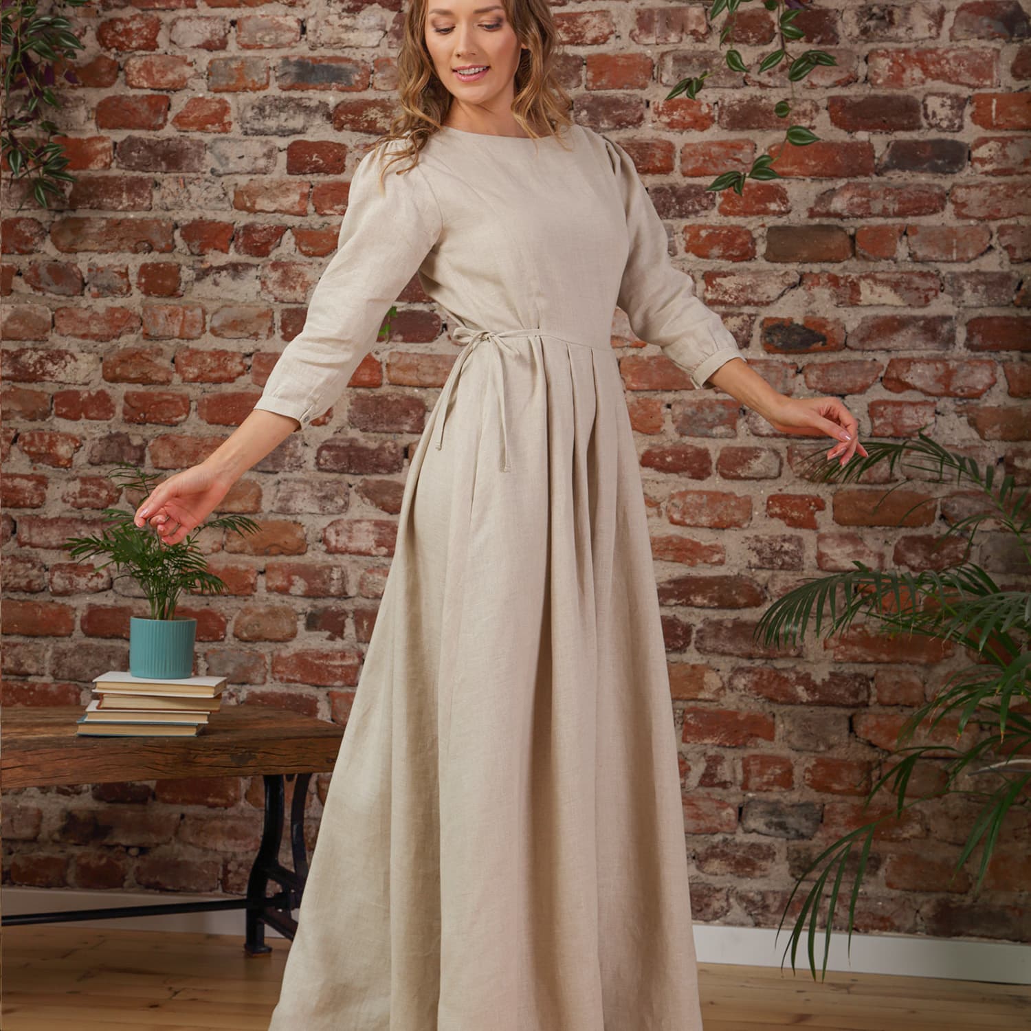 Women's Neutrals Linen Maxi Dress with Bracelet Sleeves and Pockets in Natural Colour | Large | Nikka Place