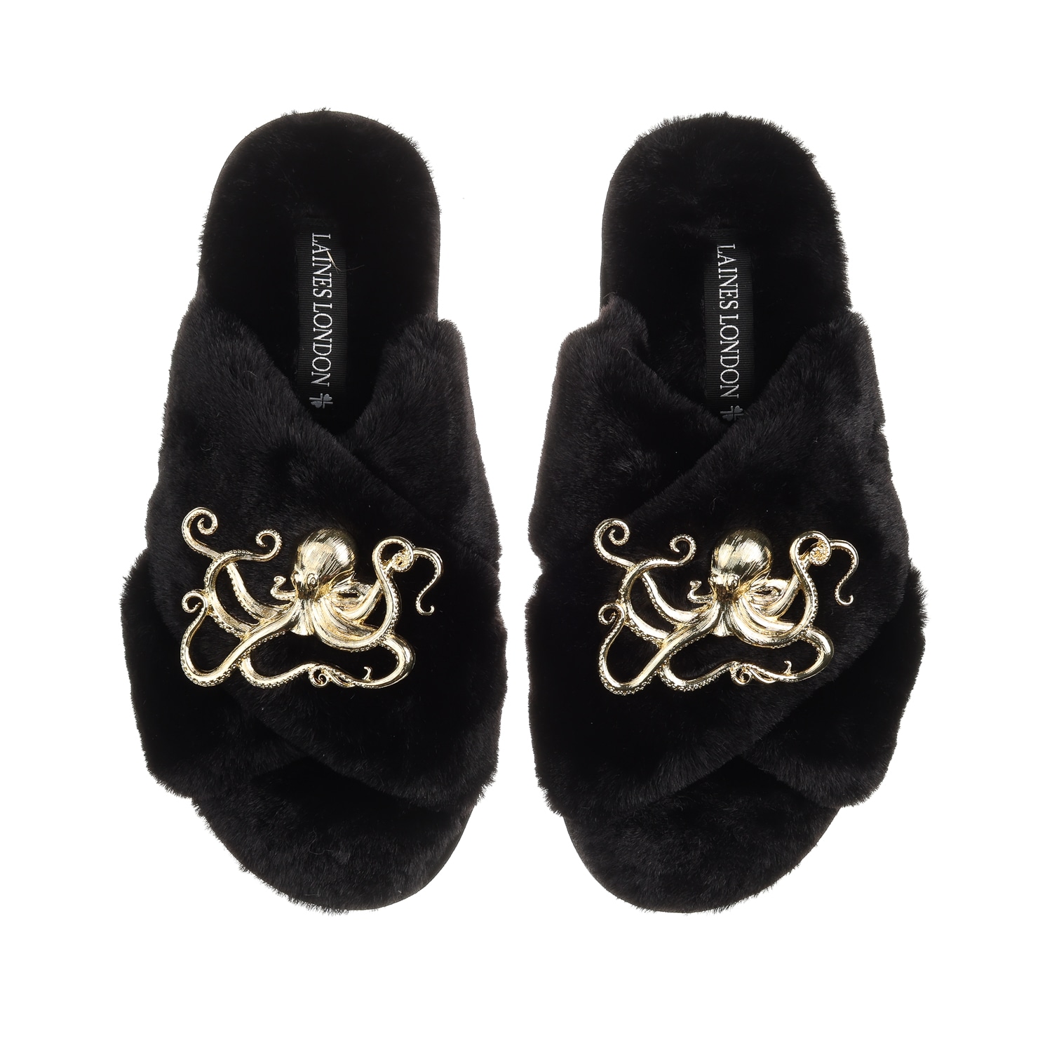 Laines London Women's Classic Laines Slippers With Gold Metal Octopus Brooches - Black