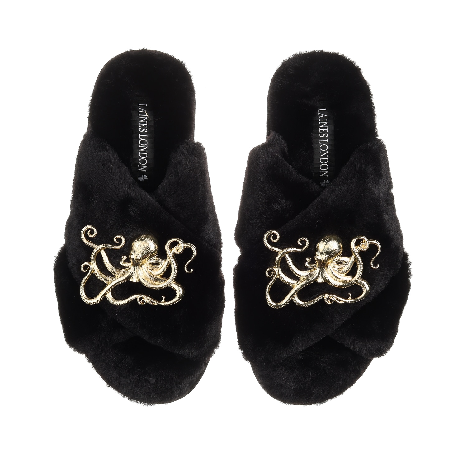 Laines London Women's Classic Laines Slippers With Gold Metal Octopus Brooches - Black In Black
