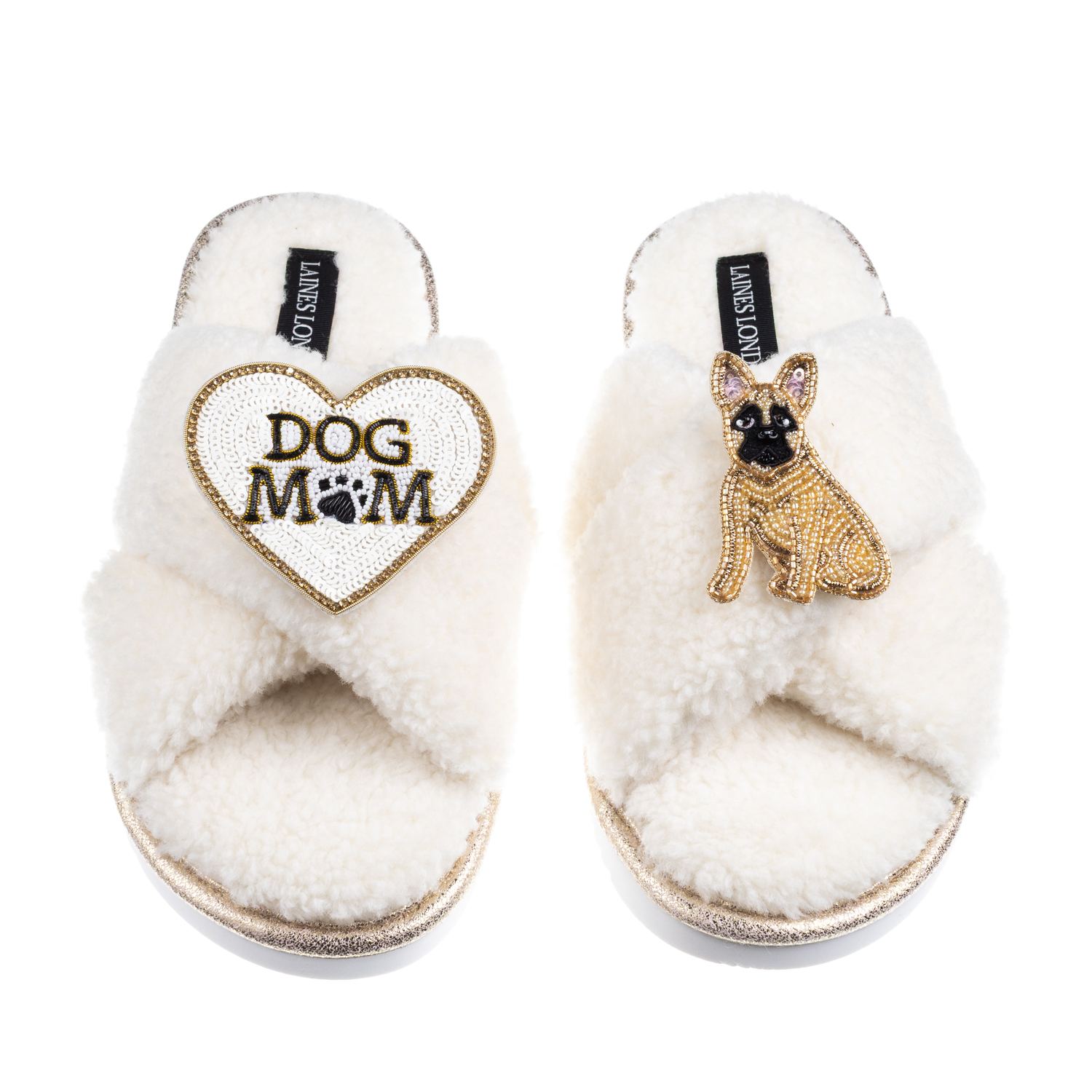 Laines London Women's Neutrals / White Boucle Slippers With Dog Mum/mom & Fawn Sitting French Bulldog Brooches - C In White