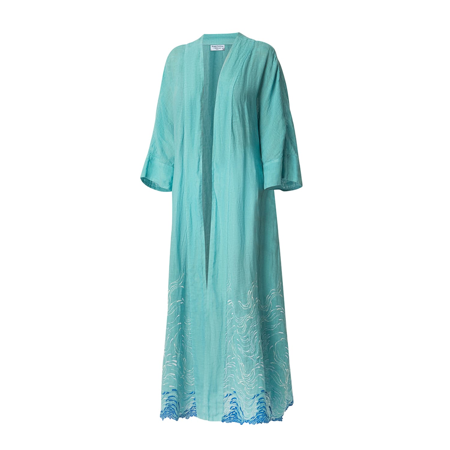 Haris Cotton Women's Linen Gauze Kimono With Waves Embroidery And Belt Crystal Blue In Blue