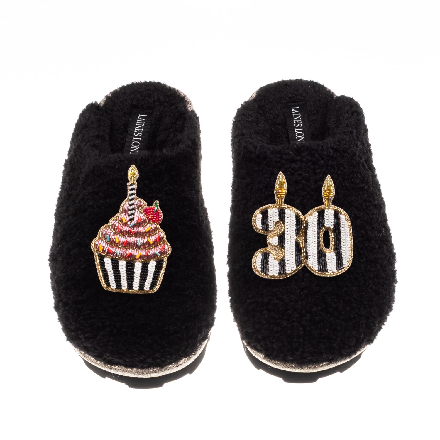 Laines London Women's Black Teddy Closed Toe Slippers With Stripe 30th Birthday & Cake Brooches In Black