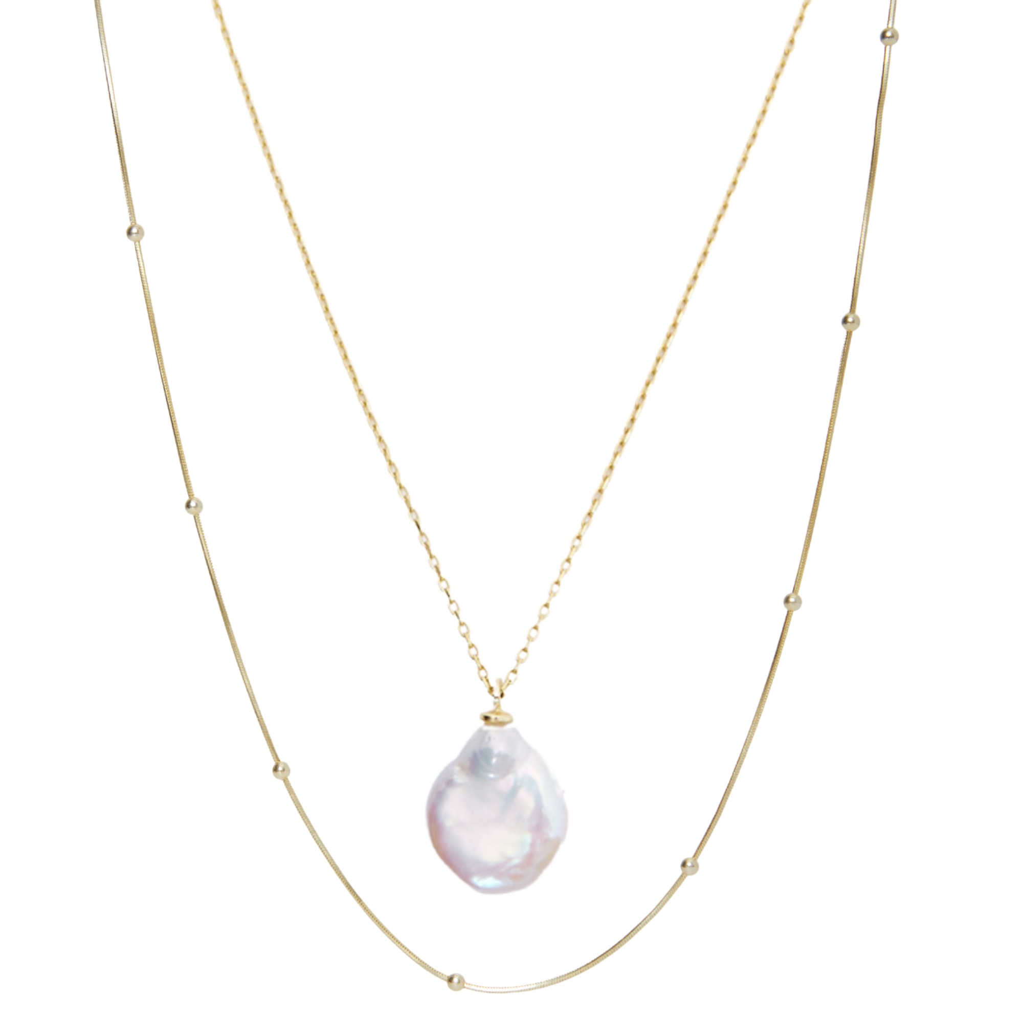 Women’s Baroque Flat Pearl Pendant & Italian Beaded Sterling Silver Stacking Necklace Set - Gold Spero London