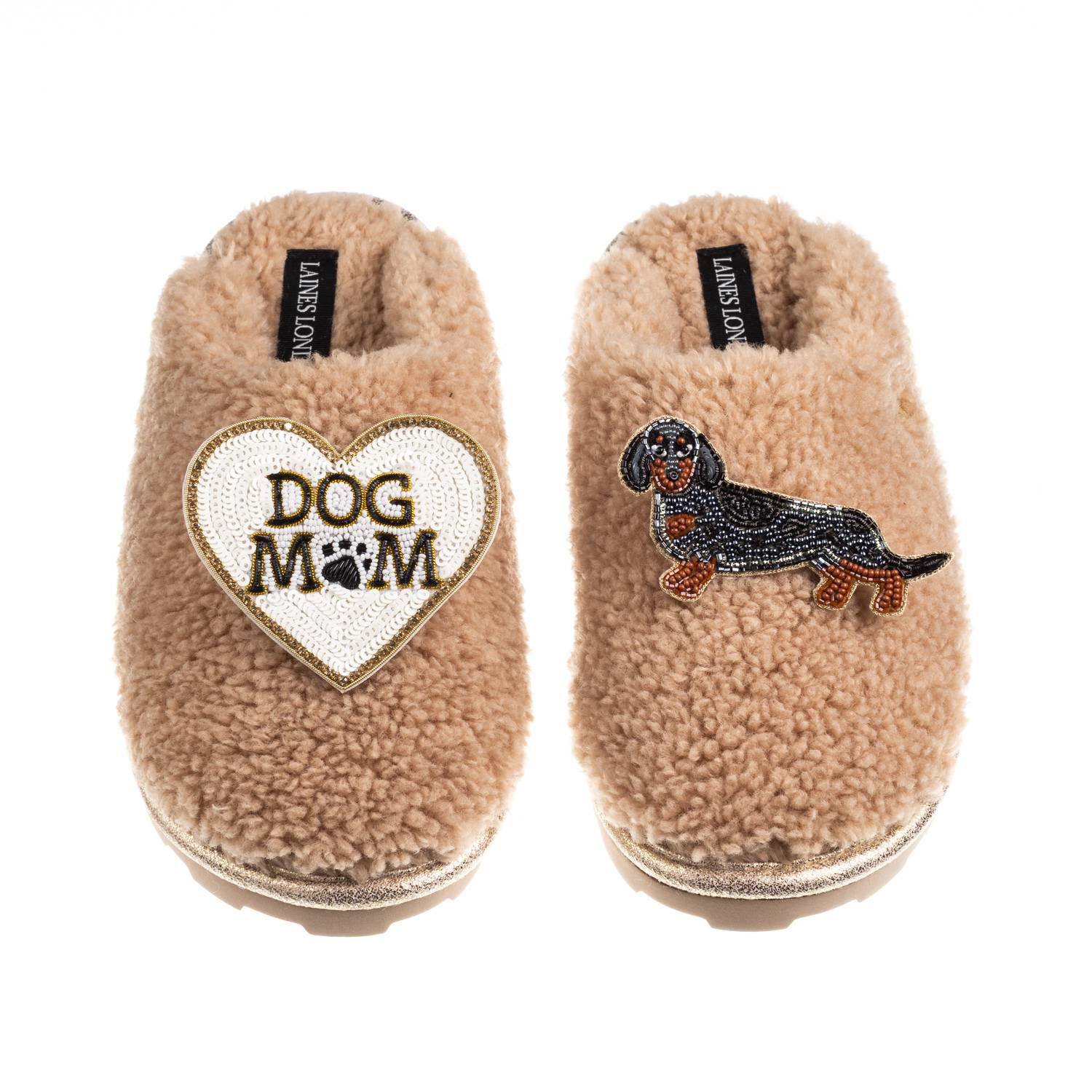Laines London Women's Brown / Neutrals Teddy Closed Toe Slippers With Dog Mum/mom & Dapple Dachshund Brooches - To In Brown