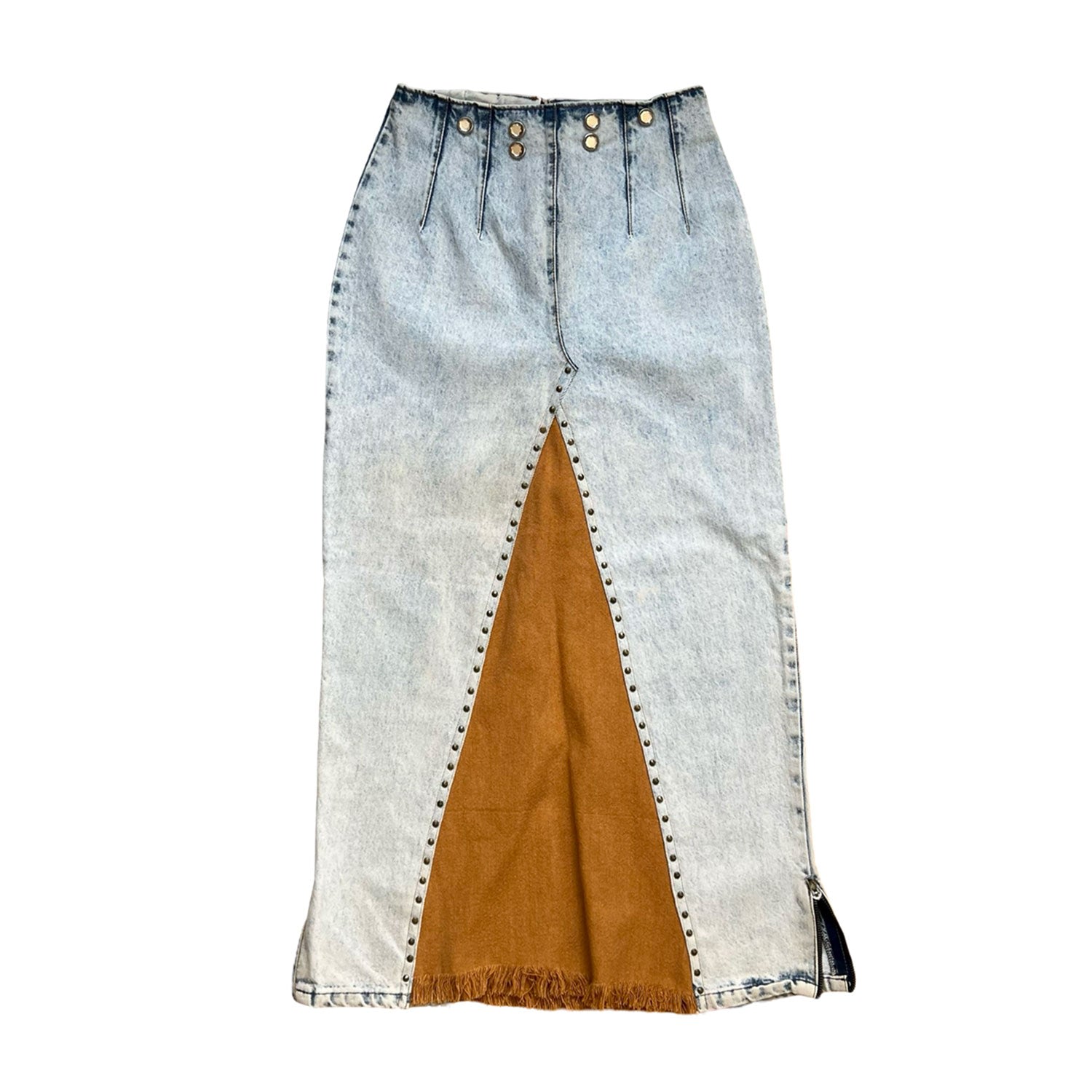 L2r The Label Women's Blue / Brown Denim Skirt In Acid Washed Blue With Brown Panel In Blue/brown