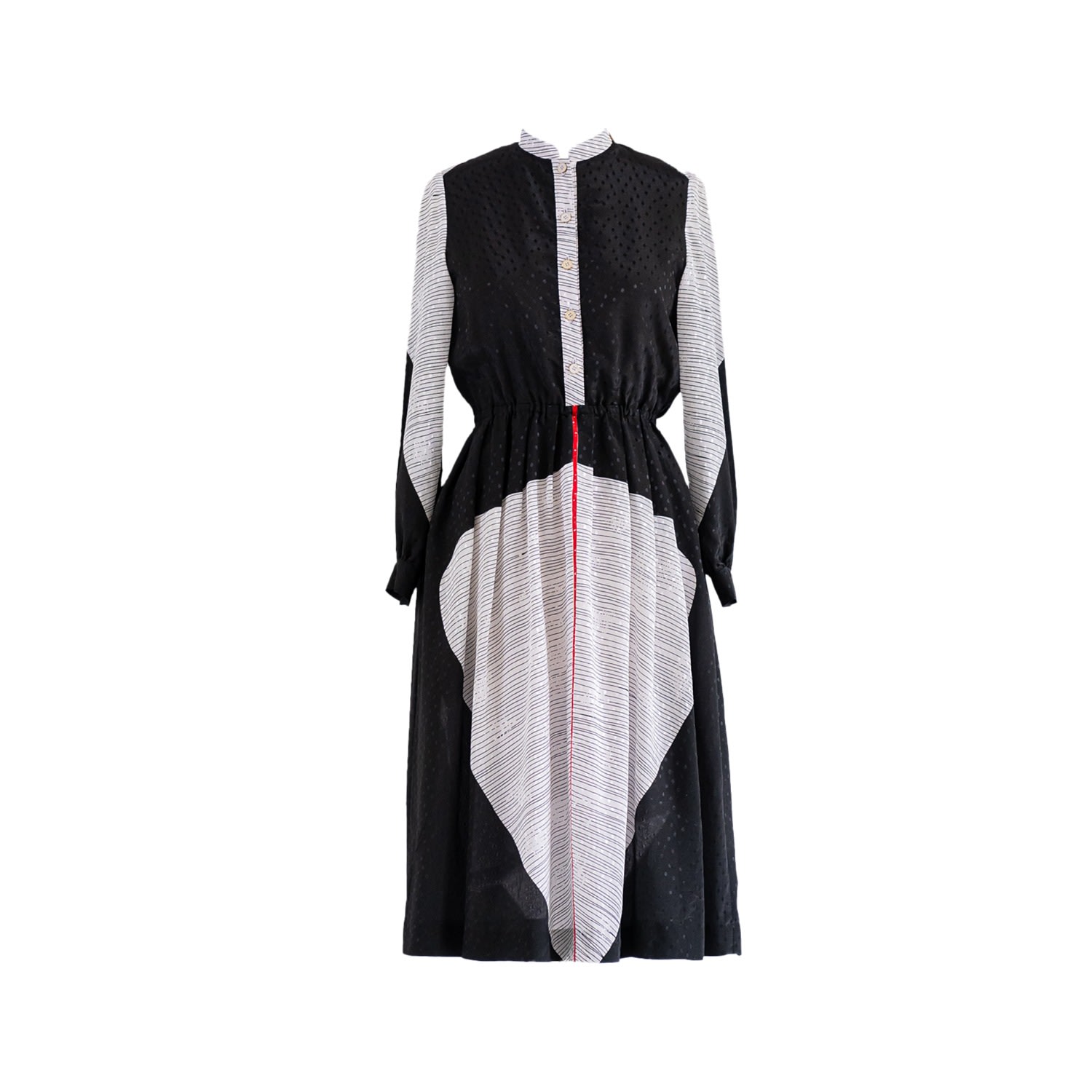 Women’s Vintage Chinese Collared Black & White Chiffon Midi Dress Medium Sugar Cream Vintage