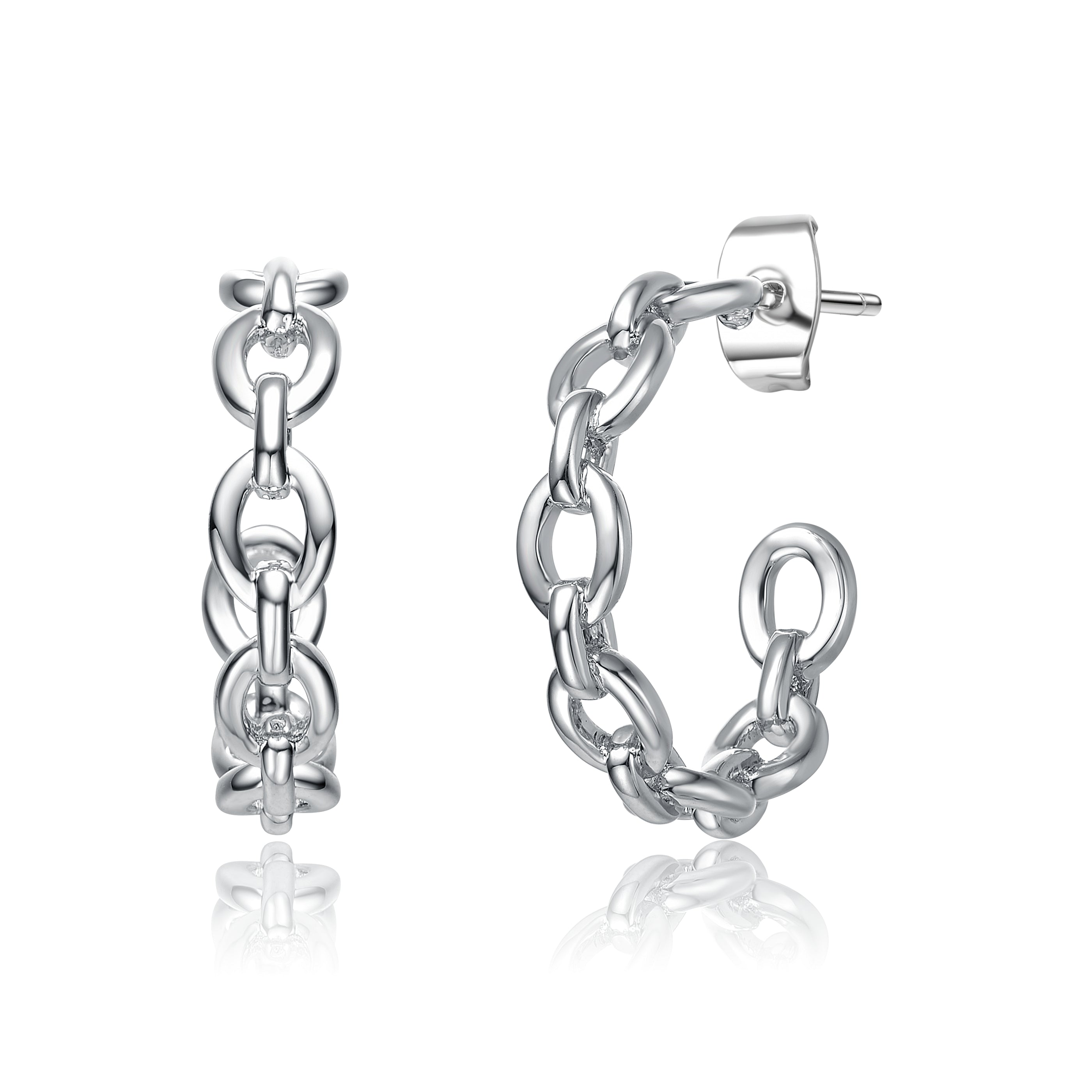 Women’s White Gold Plated Sterling Silver Modern Chain Link C-Hoop Earrings Genevive Jewelry