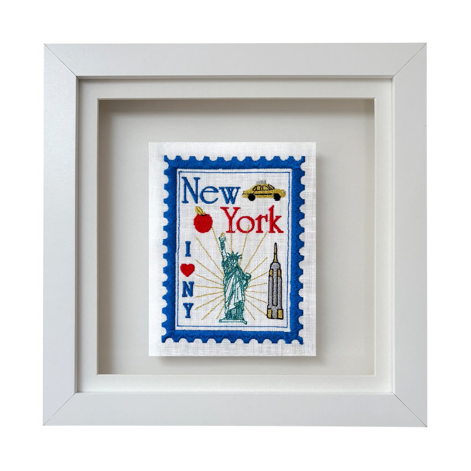 Lilly Loves Blue / Gold New York Stamp Embroidered Artwork