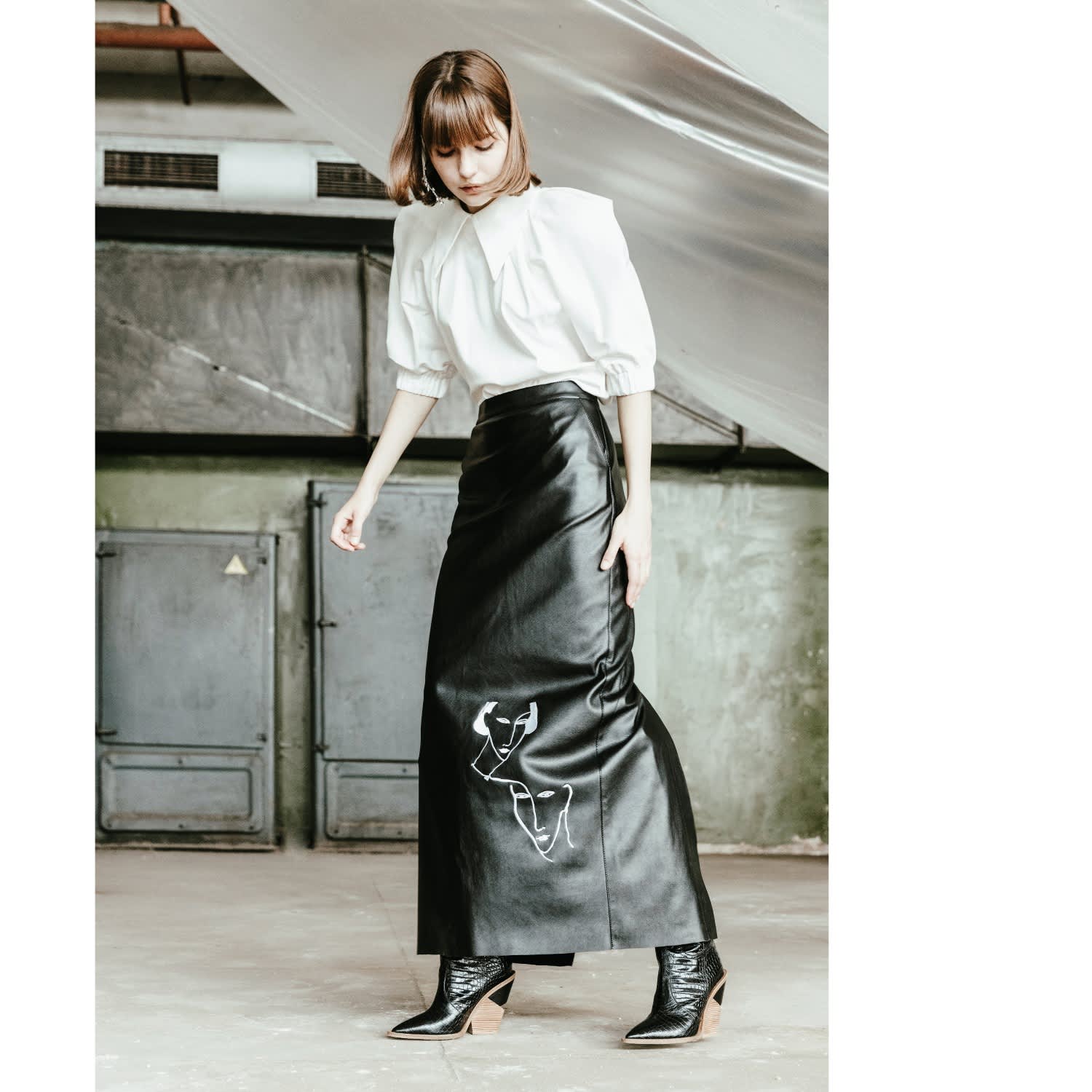 Long Faux Leather Straight Skirt With Embroidery - Black | Julia