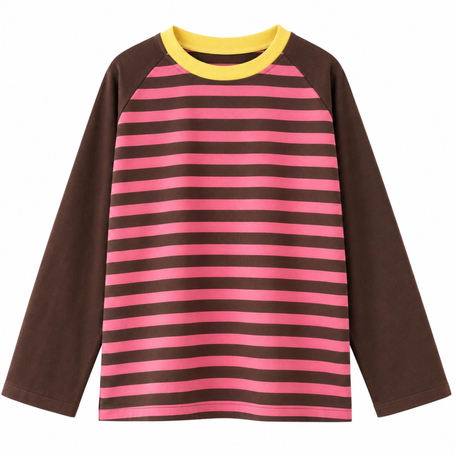 Mind Traveler Women's Brown Pink Striped Long Sleeve Carla Top With Yellow Contrast Neck