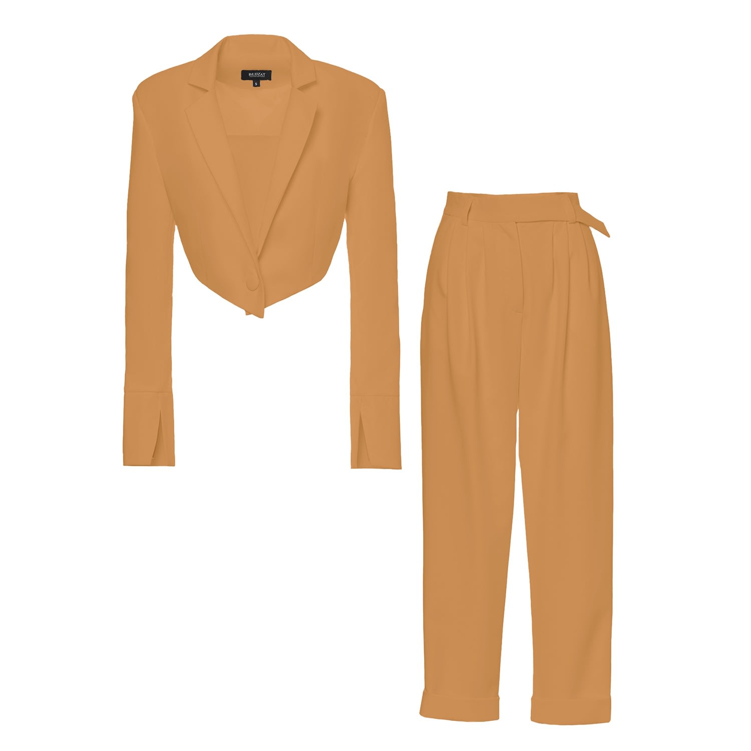 Women’s Neutrals Camel Suit With Cropped Blazer And Trousers Extra Small Bluzat