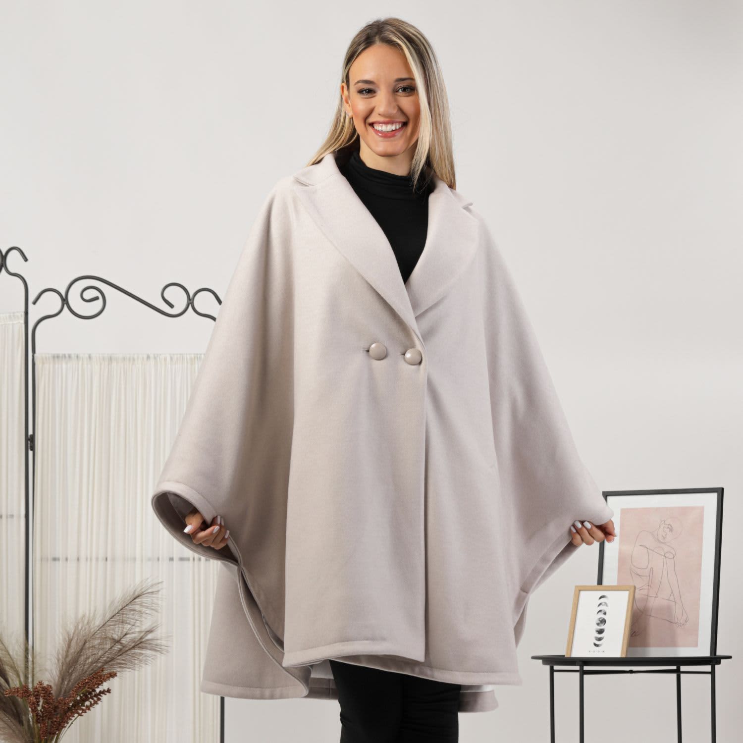 Wool Poncho Cape Coat With Buttons In Off White | Nikka Place