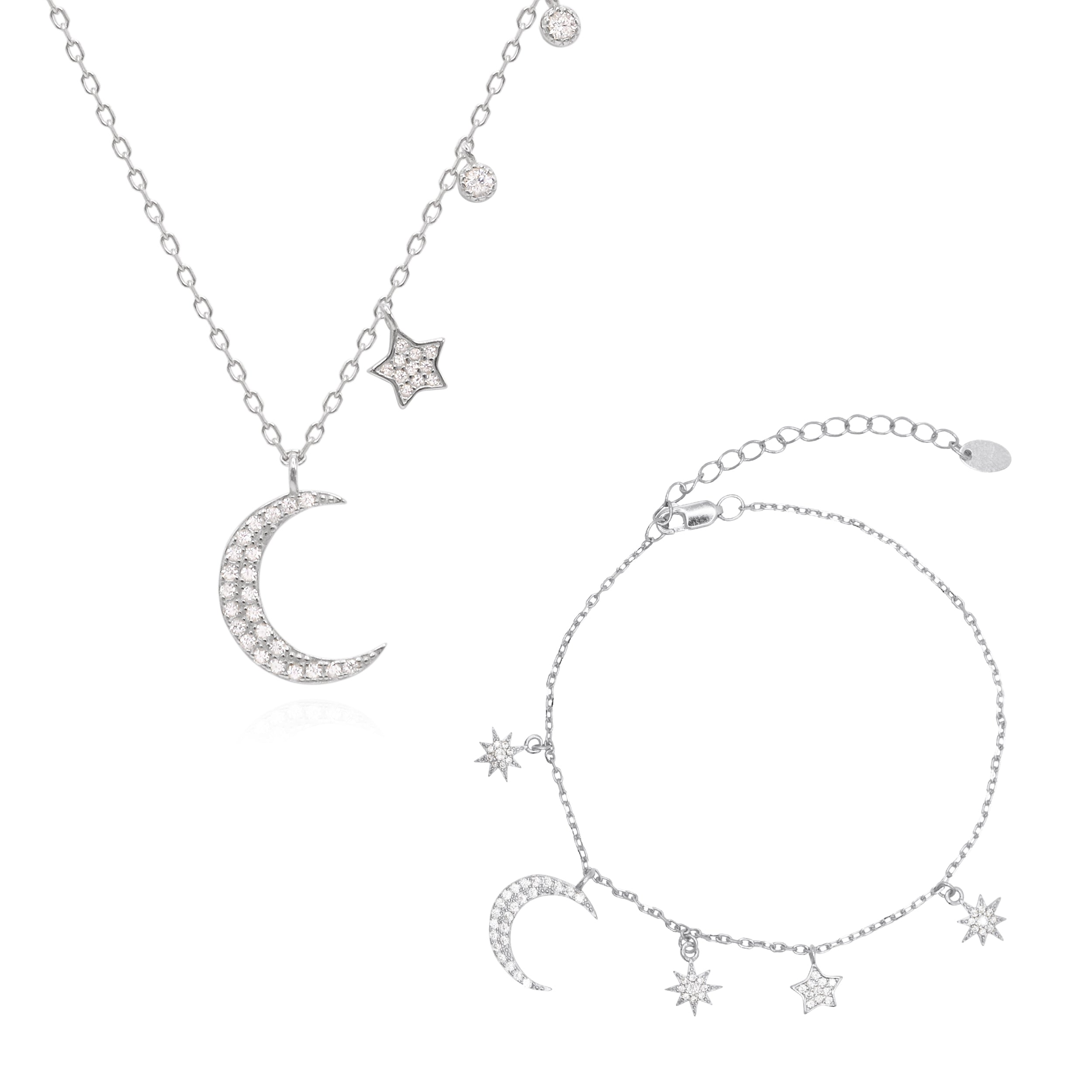 Luna Charles Women's Moon & Star Charm Gift Set - Necklace & Bracelet - Sterling Silver