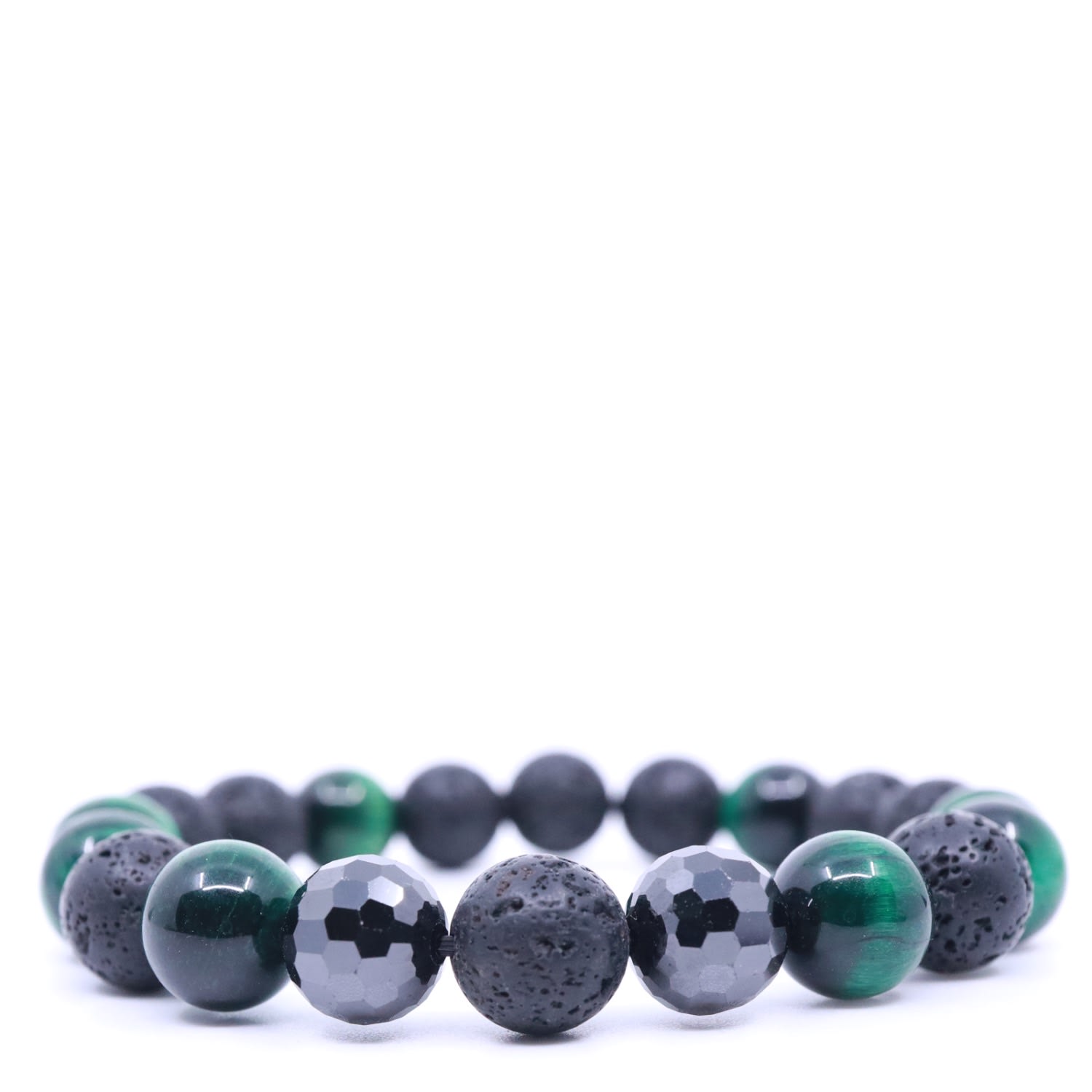 Shar Oke Men's Black / Green Green Tiger's Eye, Black Cubic Zirconia & Black Lava Beaded Bracelet In Multi