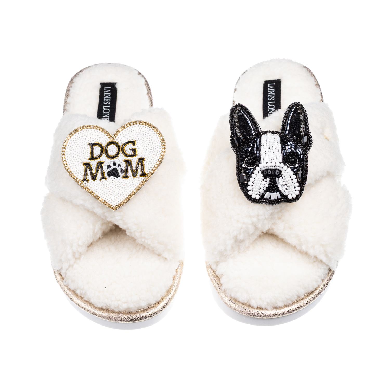 Laines London Women's Neutrals / White Laines Neutral Boucle Slippers With Buddy Boston Terrier & Dog Mum/mom Broo