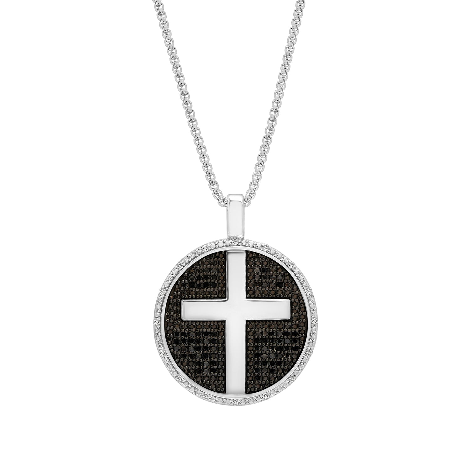 Black / Silver Black & White Diamond Men’s Cross Disc Pendant In Sterling Silver Miki & Jane