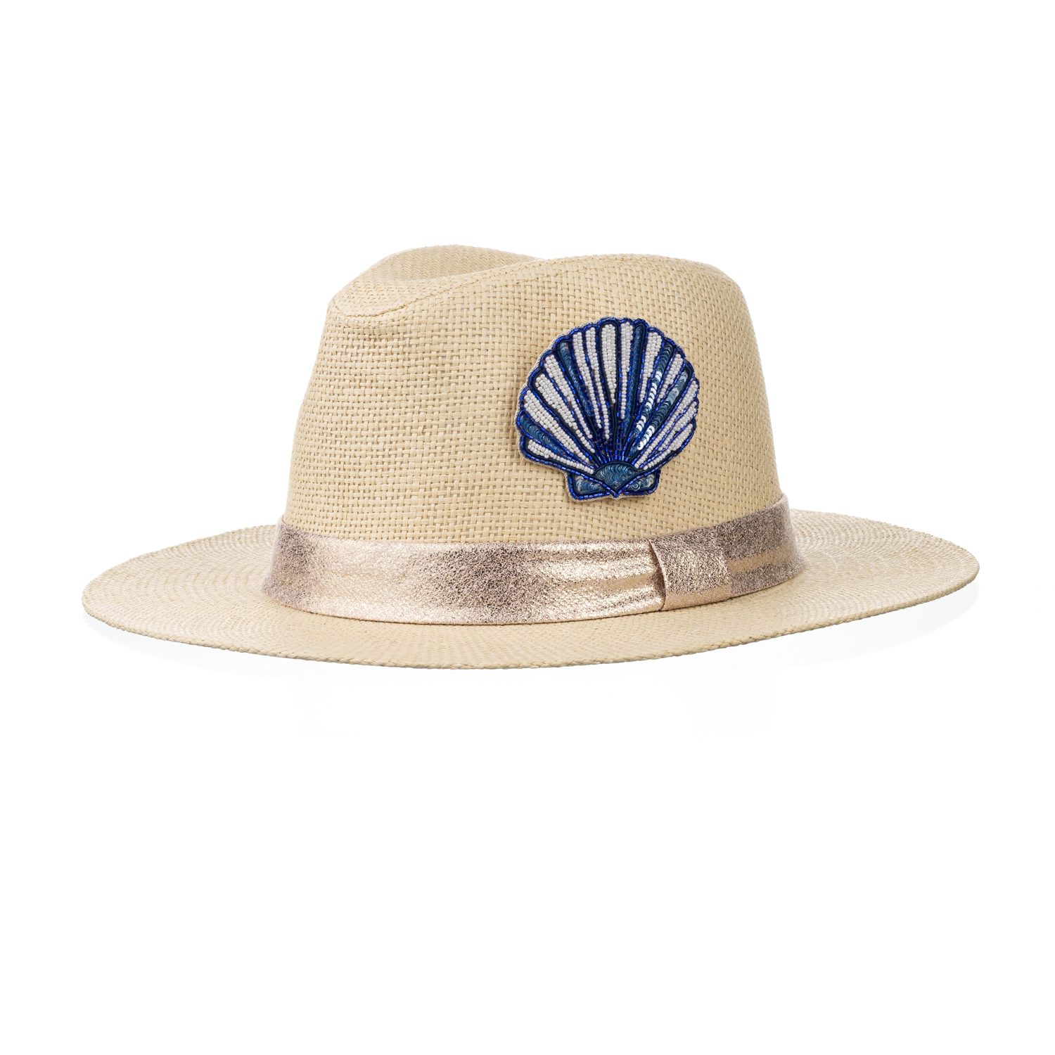 Laines London Women's Neutrals / White Straw Woven Hat With Embellished Mediterranean Blue Shell Brooch In White