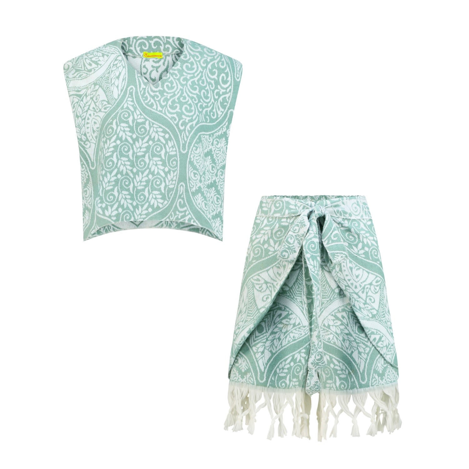 Emanmoon Green / White / Neutrals Sage Crop Top & Fringed Skirt Set