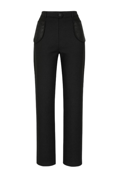 Conquista Women's Black Straight Punto Di Roma Pants With Faux Leather Detail In Black